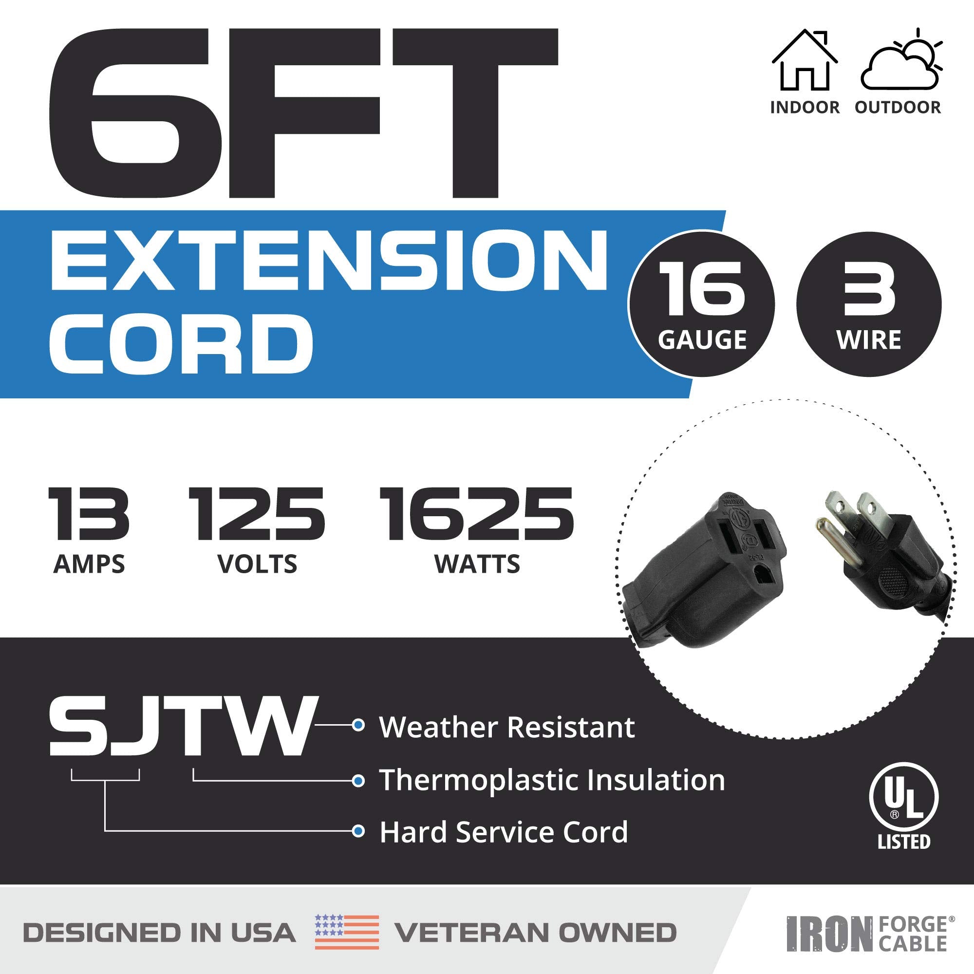 Weatherproof Outdoor Extension Cord, 16/3 SJTW Heavy Duty Black Extension Cord 3 Prong, 13 Amp Exterior Power Cable