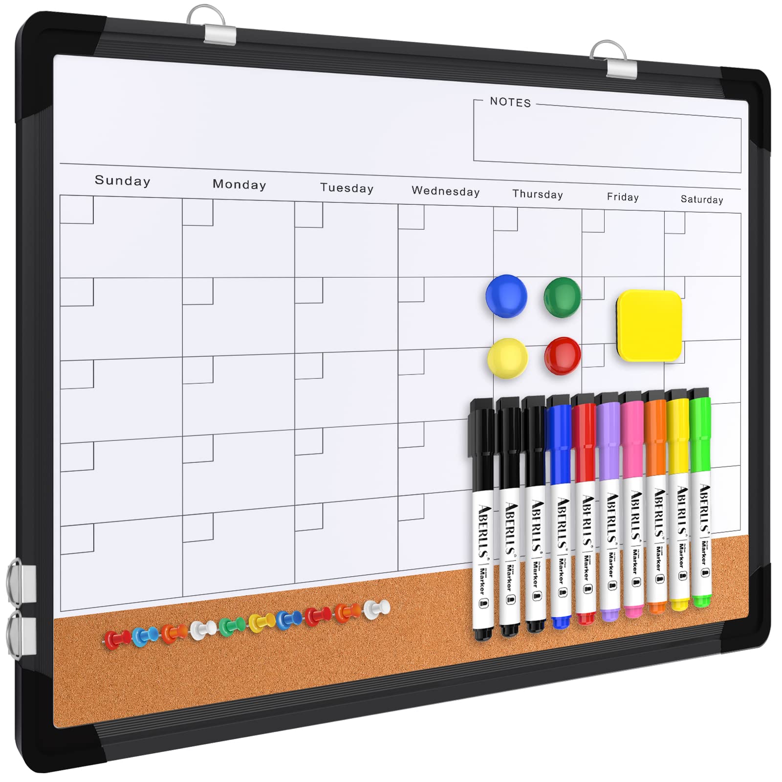 [1 Set] Double-Sided Monthly Calendar Whiteboard with Cork Strip, 17" x 13"