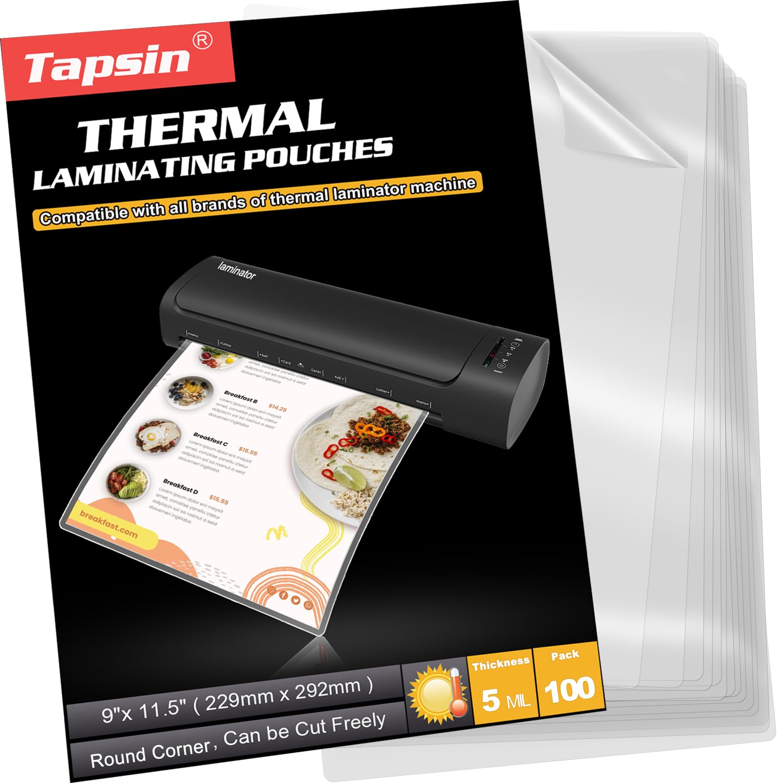 [100 Pack] 9 x 11.5, 5 Mil Clear Thermal Laminate Sheets Holds 8.5 x 11 Inch Sheets