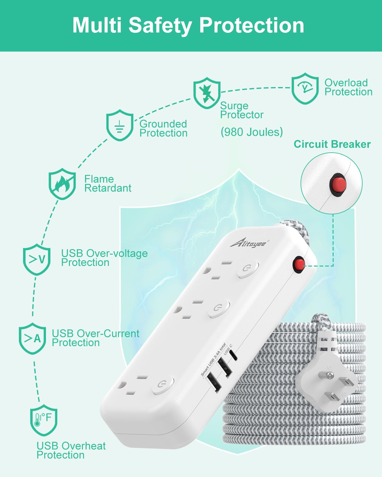 5, 15FT Surge Protector Power Strip with Individual Switches