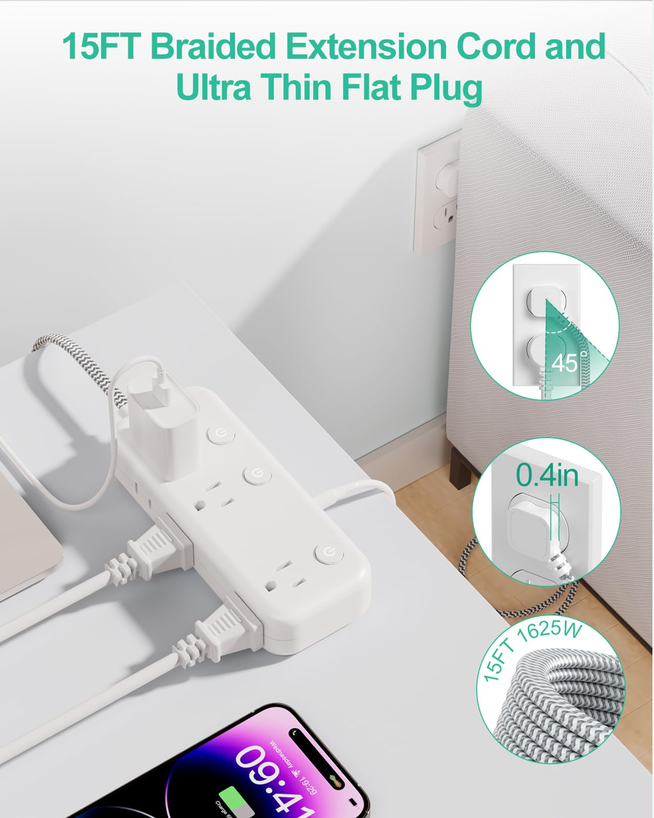 5, 15FT Surge Protector Power Strip with Individual Switches
