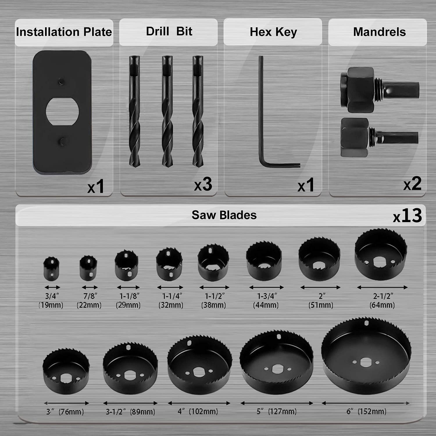 Hole Saw Set 20PCS Hole Saw Kit with 3/4"-6"(19-152mm) 13PCS Saw Blades, 2 Mandrels, 3 Drill Bits, 1 Installation Plate, 1 Hex Key