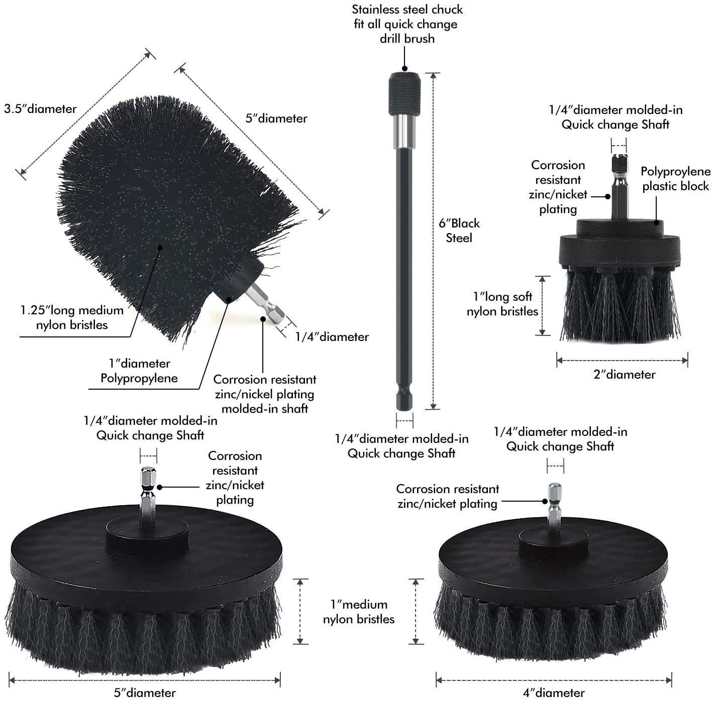 4-Piece Cleaning Brush Set - 2-In, 3.5-In, 4-In, 5-Ih Round Flat Brushes and 6-In Extended Reach Attachment for Drill