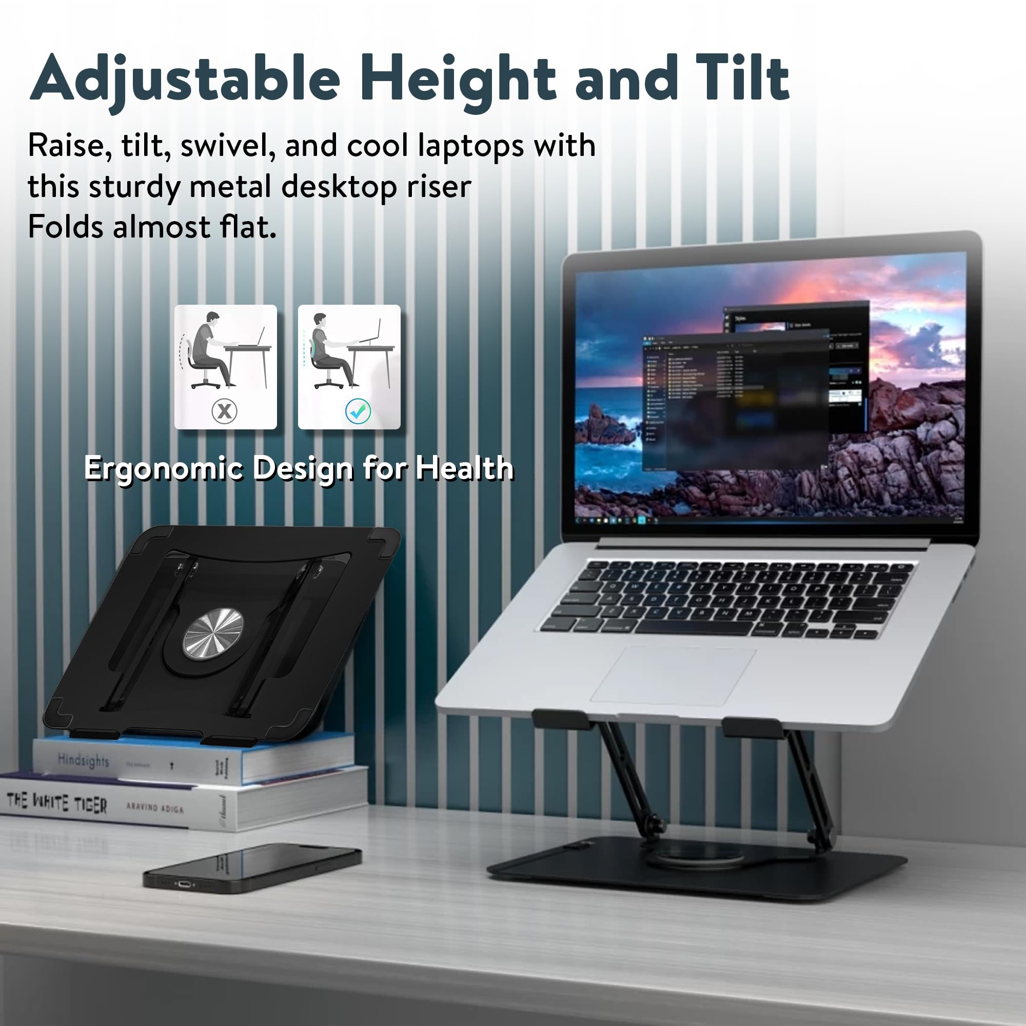 [1 PC] Swivel Laptop Stand for Desk, Adjustable-Raise, Tilt, Collapsible