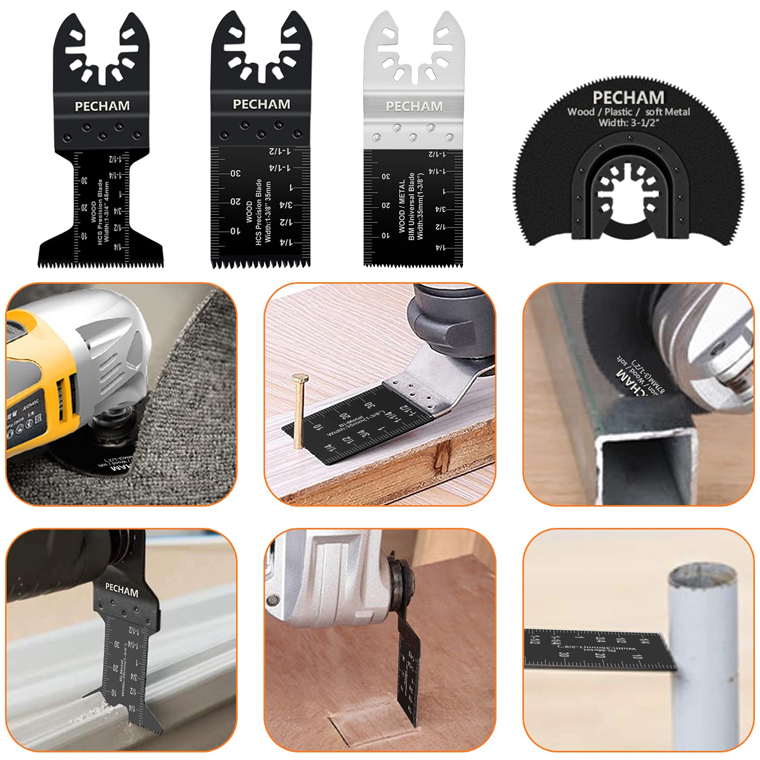 PECHAM 4 / 11/ 24 PCS Oscillating Multi Tool Saw Blades, Carbide Multitool Blades Heary Duty for Hard Material, Metal, Nails. Bolts. Screws (4)