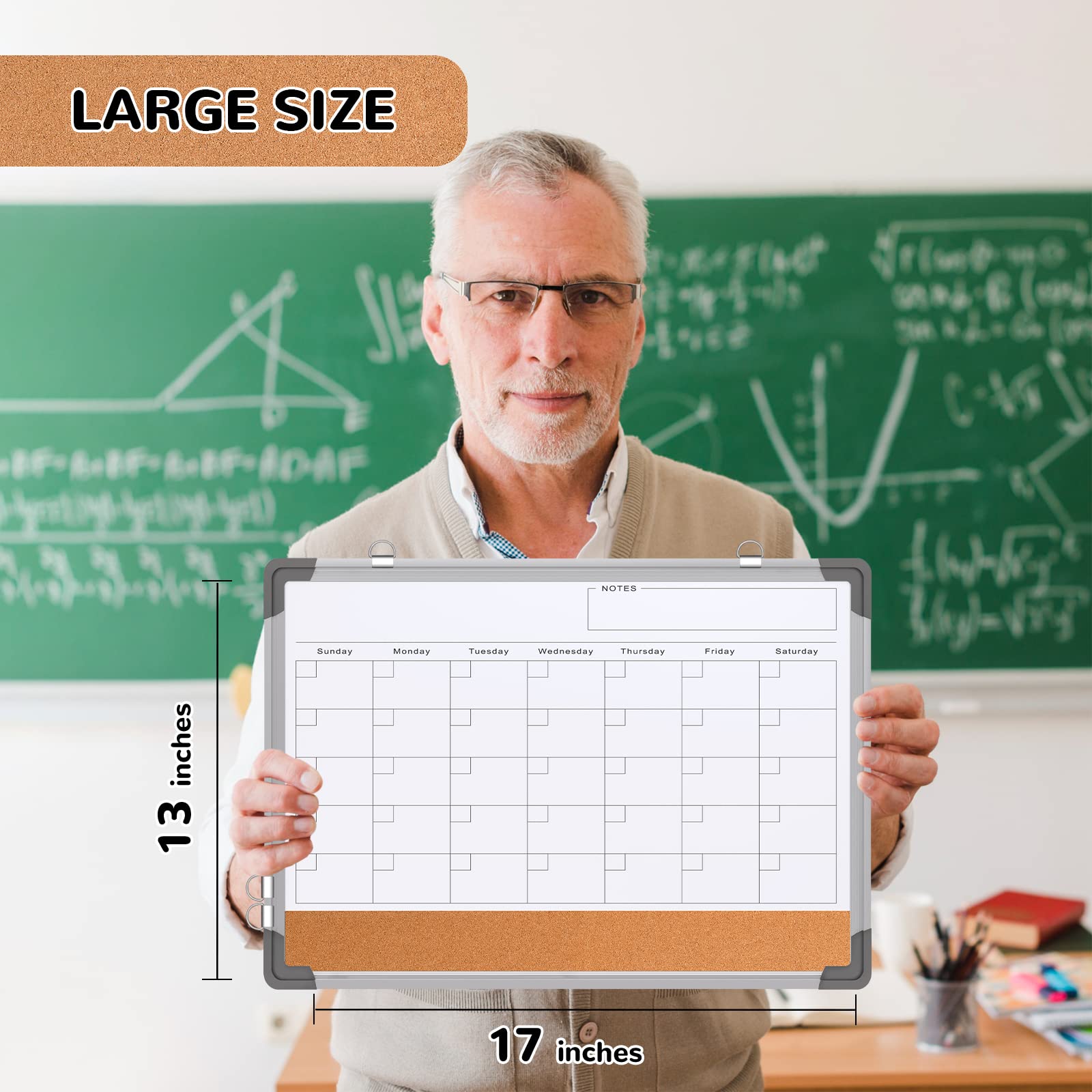 [1 Set] Double-Sided Monthly Calendar Whiteboard with Cork Strip, 17" x 13"