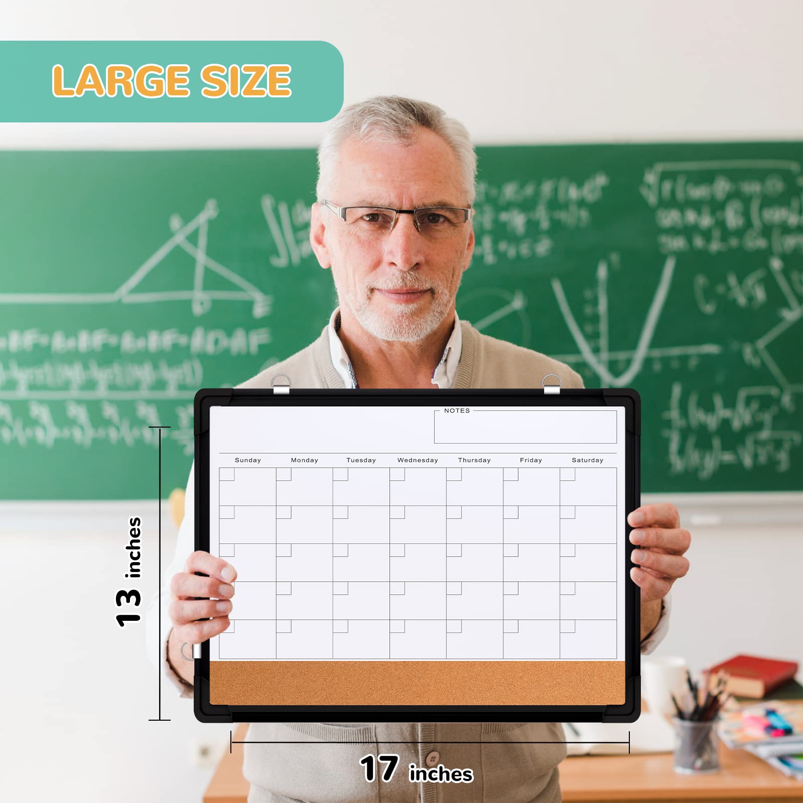 [1 Set] Double-Sided Monthly Calendar Whiteboard with Cork Strip, 17" x 13"