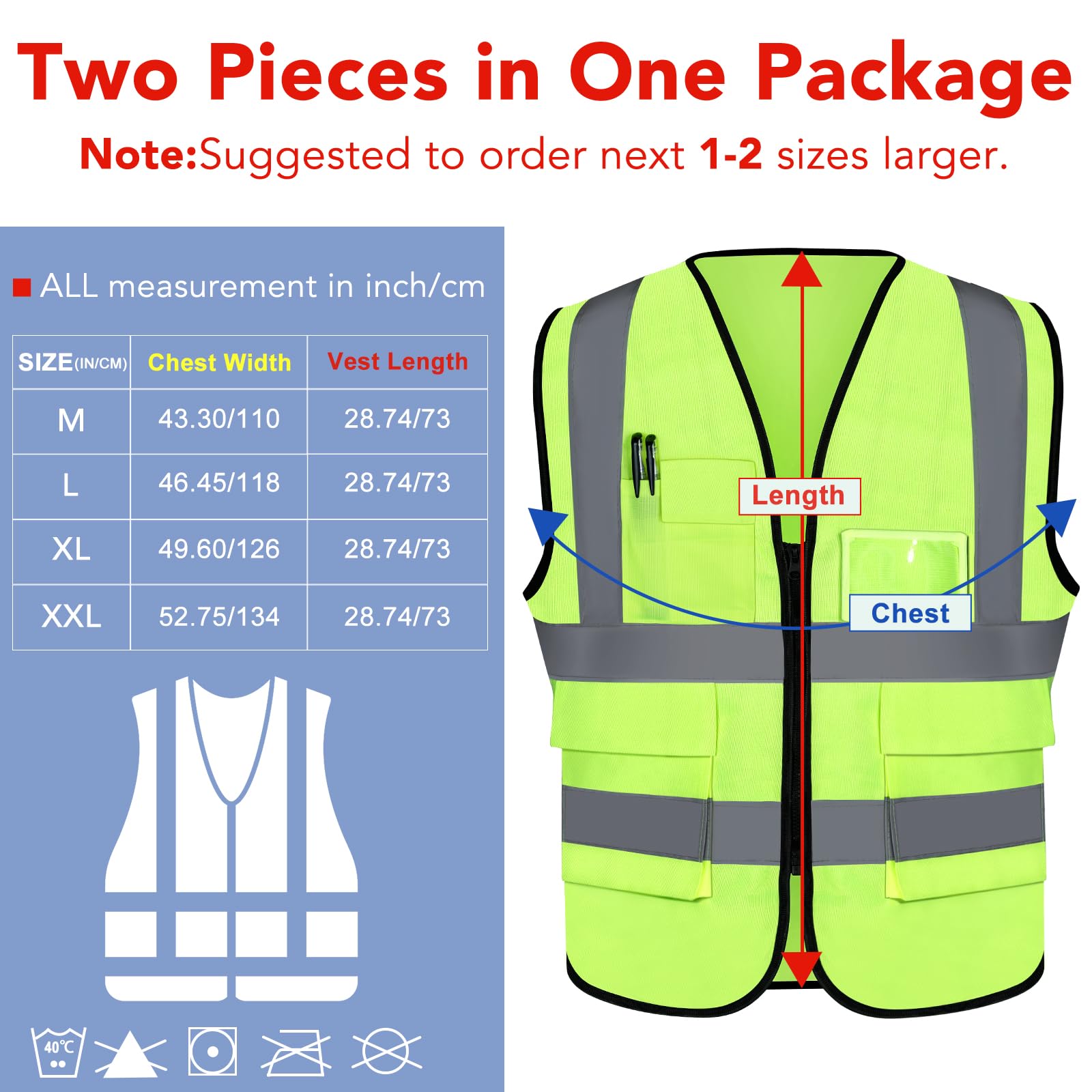 [2 Packs] Hi Vis Reflective Safety Vest with Pockets, Medium to XX Large