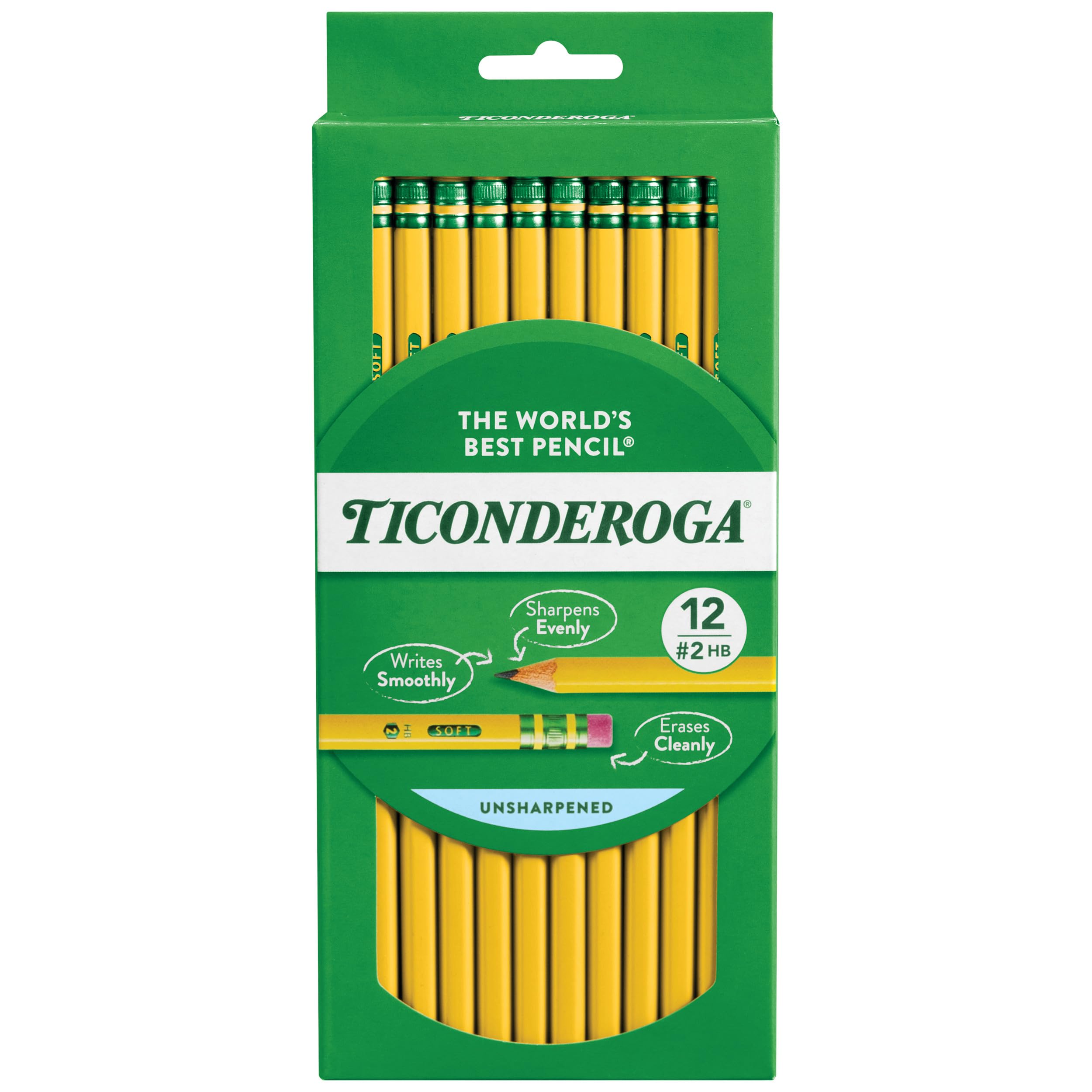 [12 Count] Ticonderoga Wood-Cased Pencils, Unsharpened, 2 HB Soft, Yellow