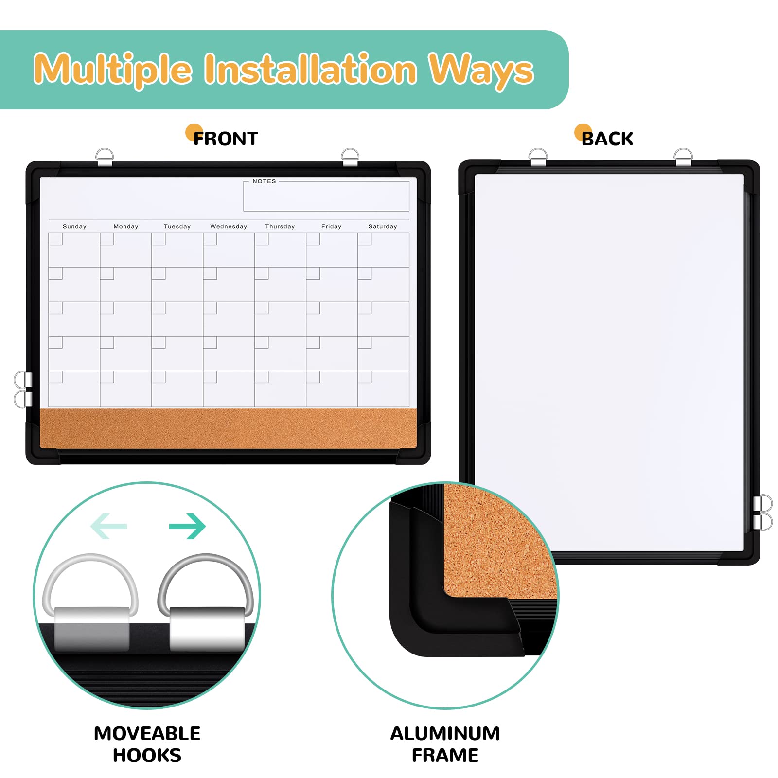 [1 Set] Double-Sided Monthly Calendar Whiteboard with Cork Strip, 17" x 13"