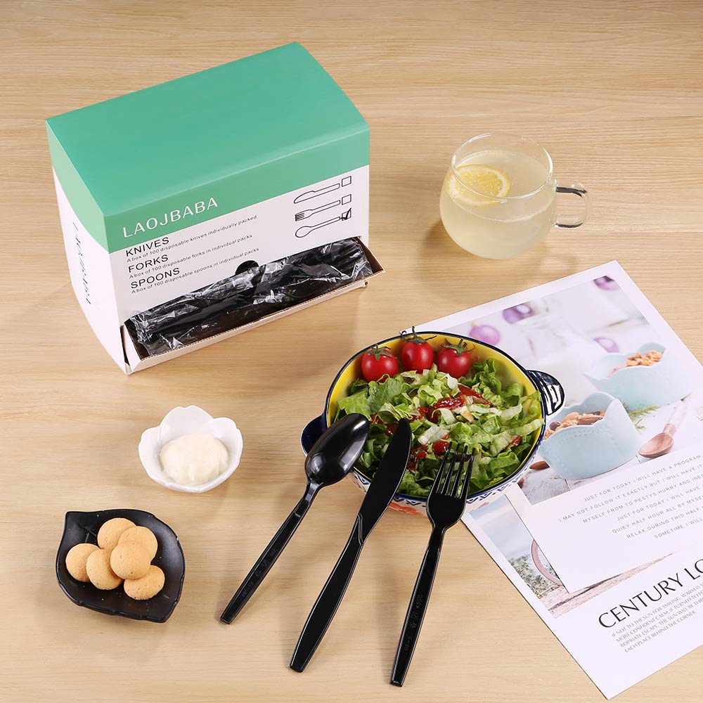 [100 PCS] Disposable Plastic Spoons, Individually Packaged, Black 7 Inch