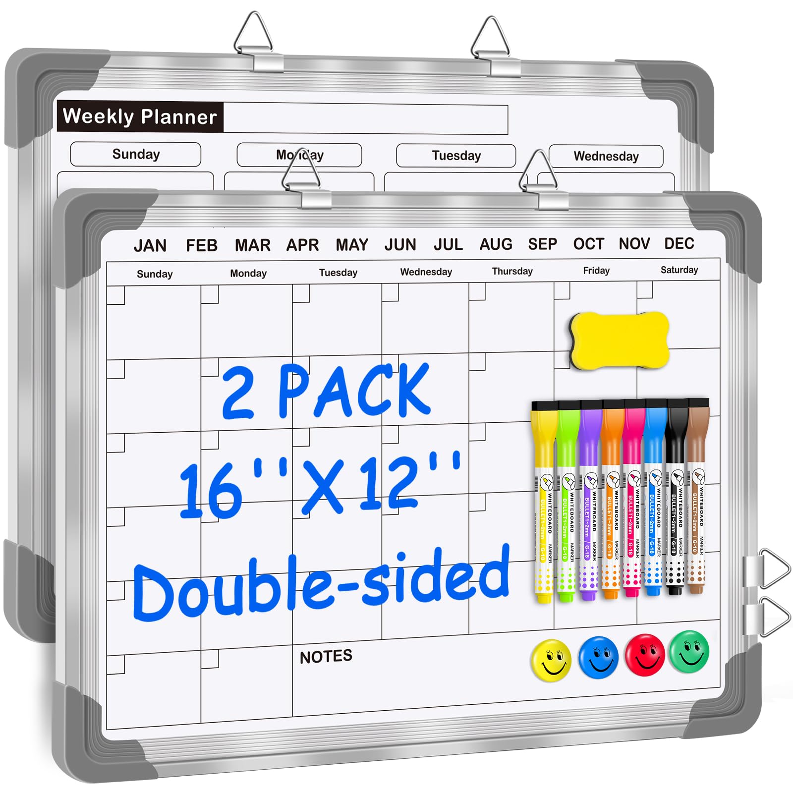[1 Set] 2 Double-Sided Whiteboards - Monthly & Weekly Planner, 16" x 12"