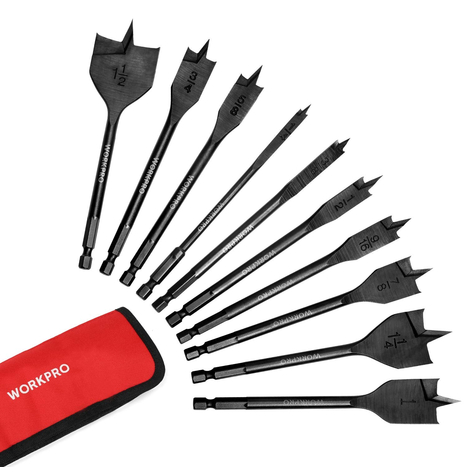 13-Piece Spade Drill Bit Set in SAE, Paddle Flat Bits for Woodworking, Nylon Storage Pouch Included