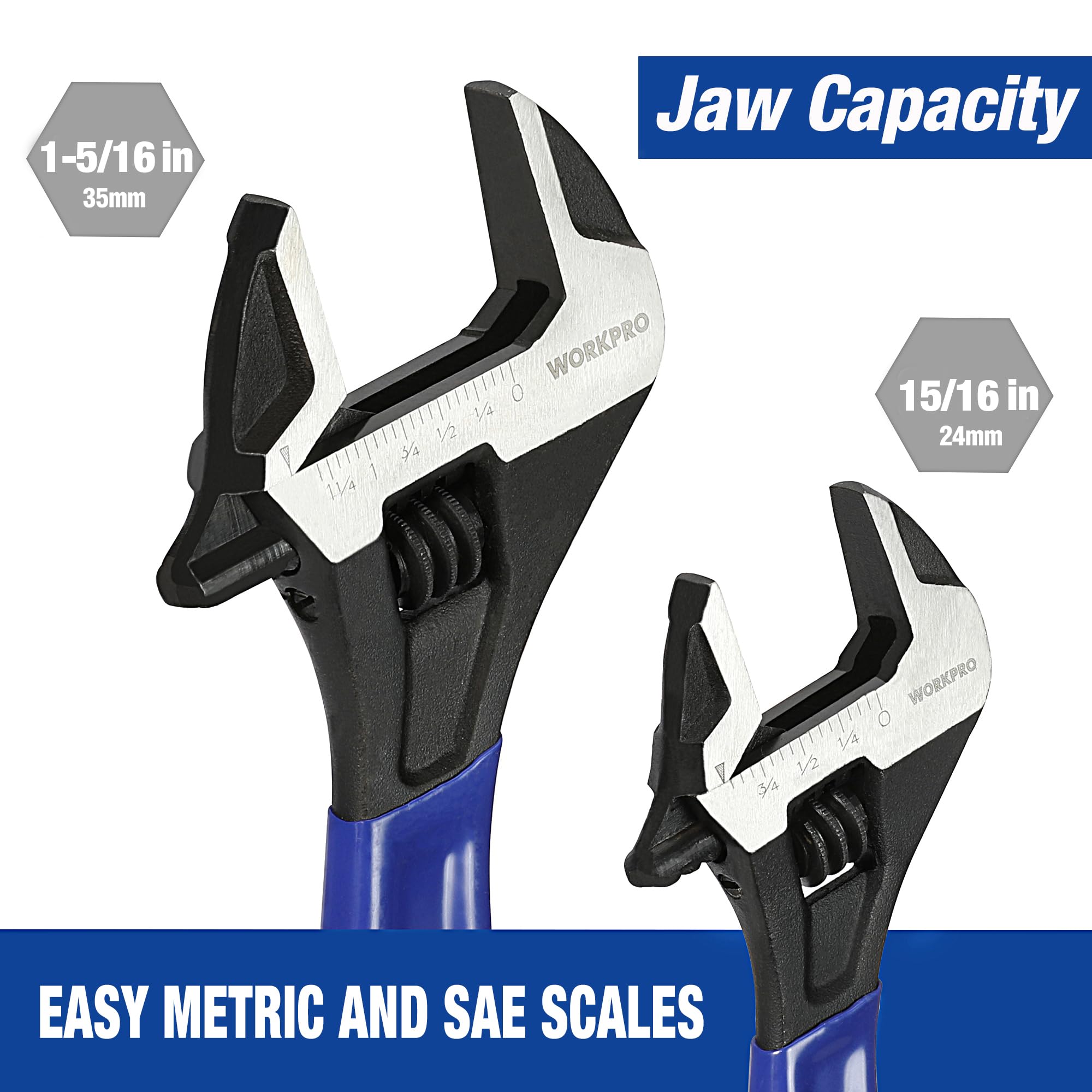 6/8/10 Inch Adjustable Wrench, Cr-V Steel Wrench, Wide Jaw Black Oxide Wrench, Metric & SAE Scales, for Home, Garage, Workshop and DIY