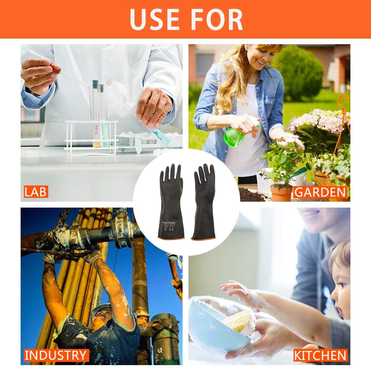 [1 Pair] Heavy Duty Latex Gloves, Resist Strong Acid, Alkali and Oil