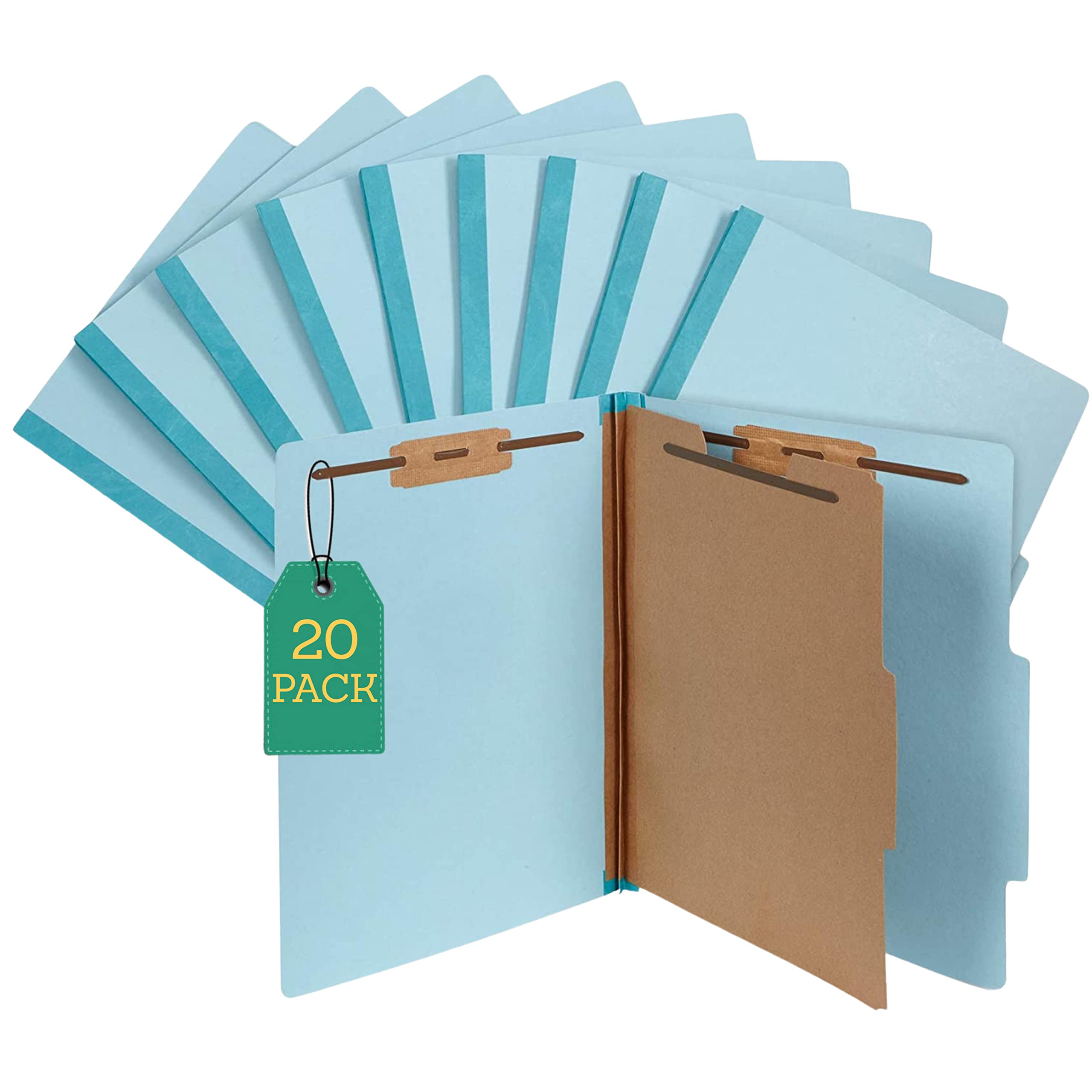 [20 Pack] 2 Divider Classification Folders, 2.5" Expansion, Letter Size, Light Blue