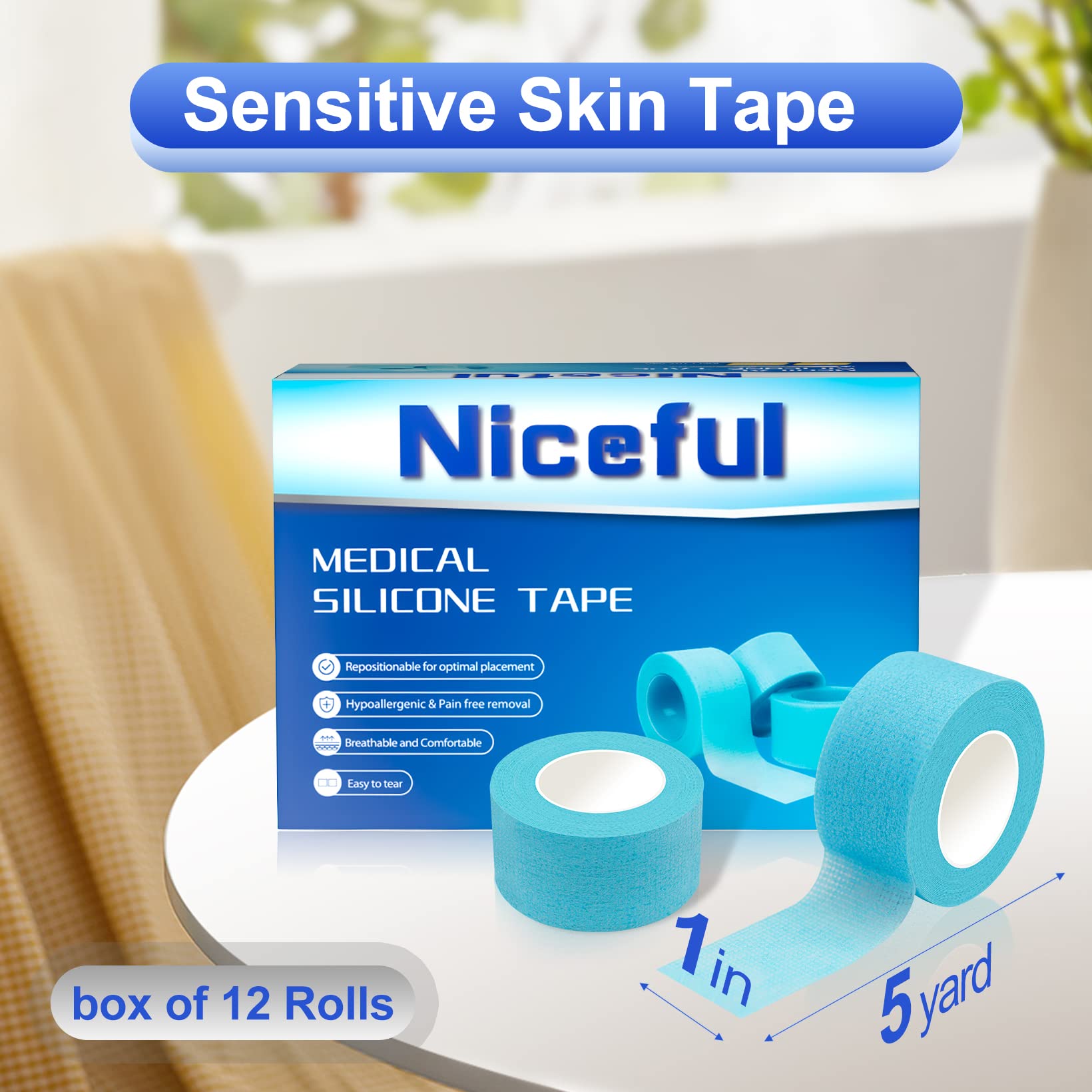 Niceful 4 or 12 Rolls Silicone Sensitive Skin Tape 1"x 4 Yard