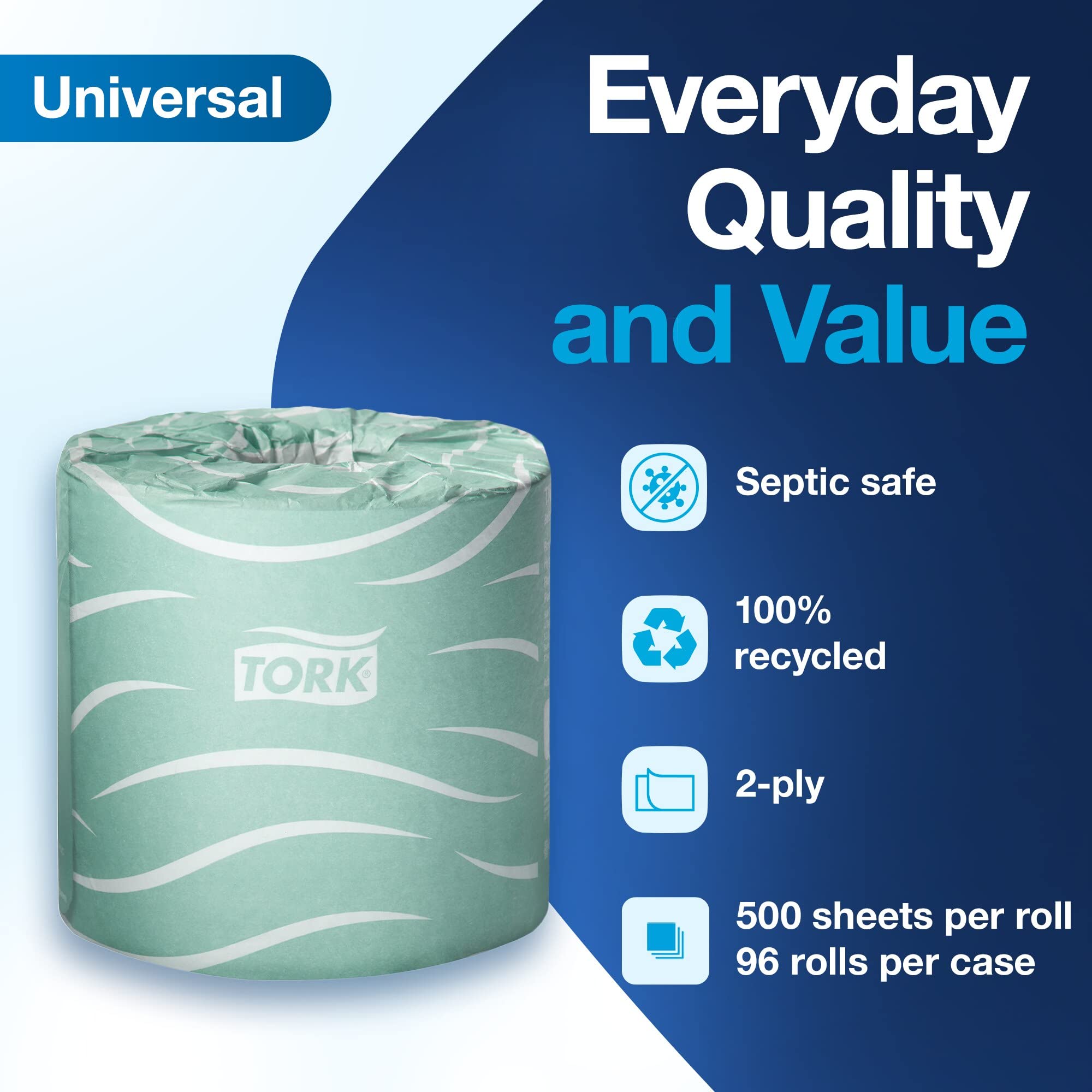 Tork Septic Safe Toilet Paper White, 100% Recycled, 2-ply, 500 Sheets per Roll, 96 Rolls