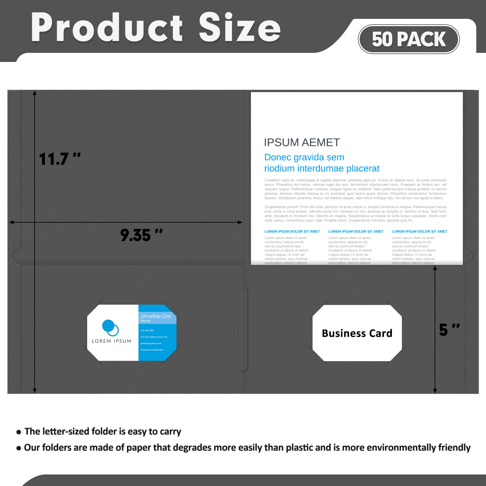 [50 Pack] Two Pocket Folders, Letter Size Paper File Folder, Black