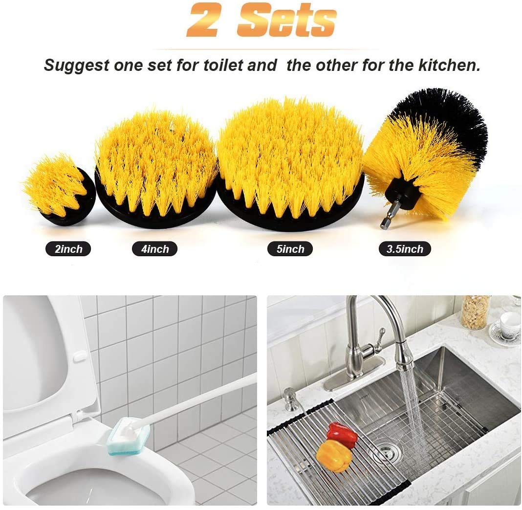 4-Piece Cleaning Brush Set - 2-In, 3.5-In, 4-In, 5-Ih Round Flat Brushes and 6-In Extended Reach Attachment for Drill