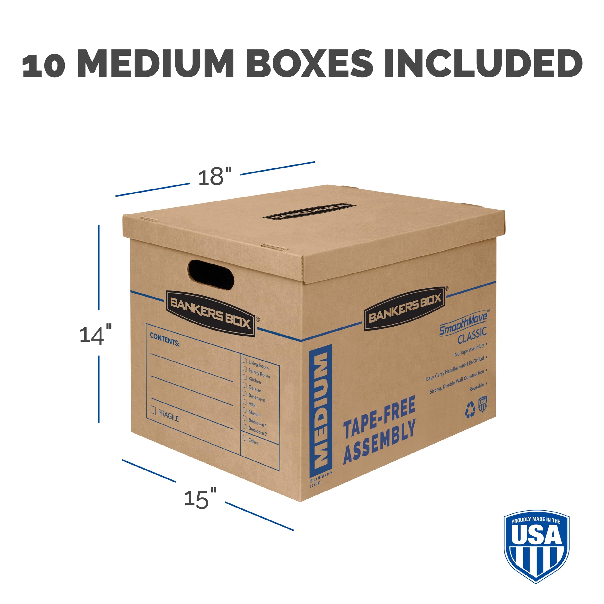 Bankers Box 8 Pack Medium Classic Moving Boxes, Tape-Free with Reinforced Handles