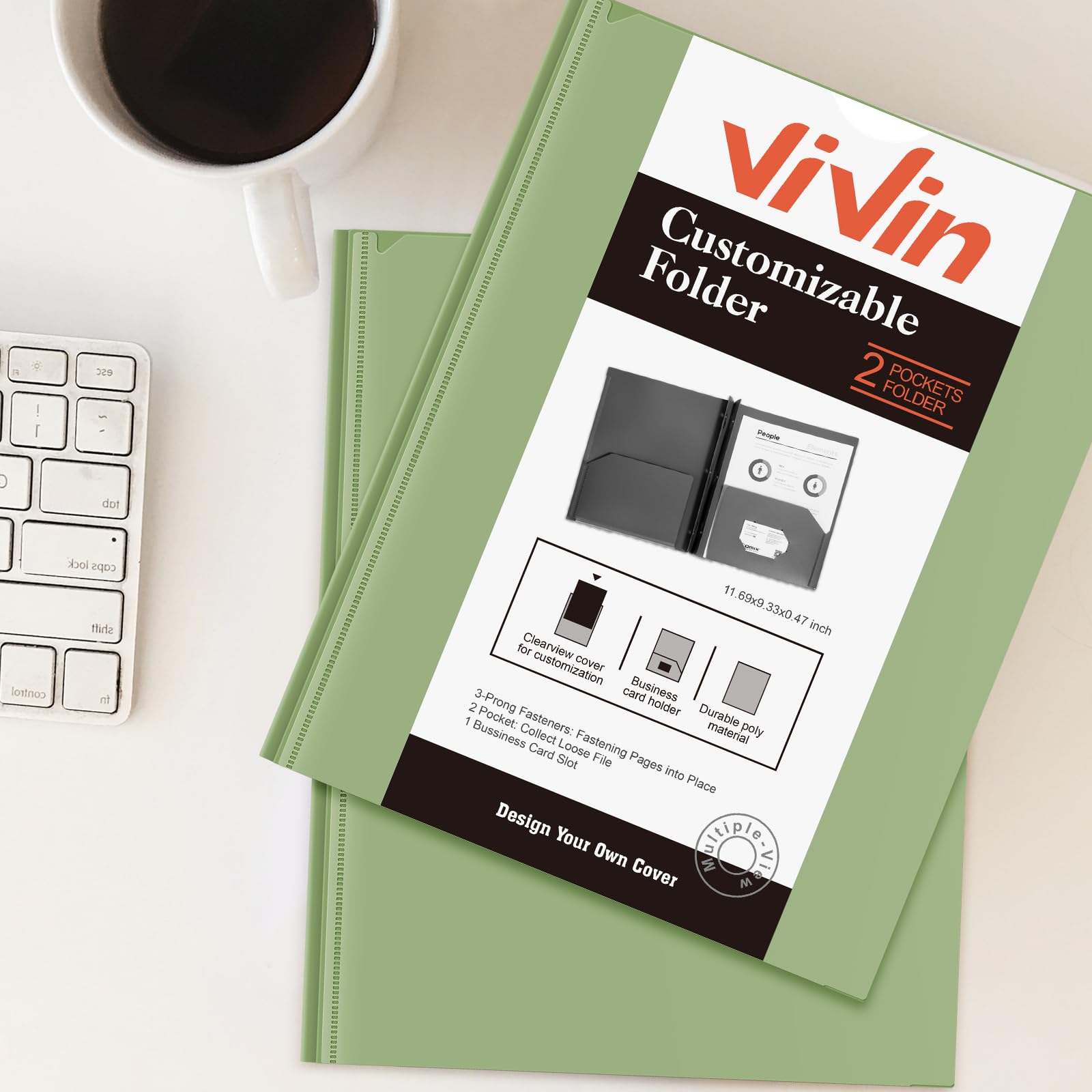 [6 & 60 Pack] ViVin Heavy Duty Folders with Clear Front Pocket, Plastic Folder with fastener