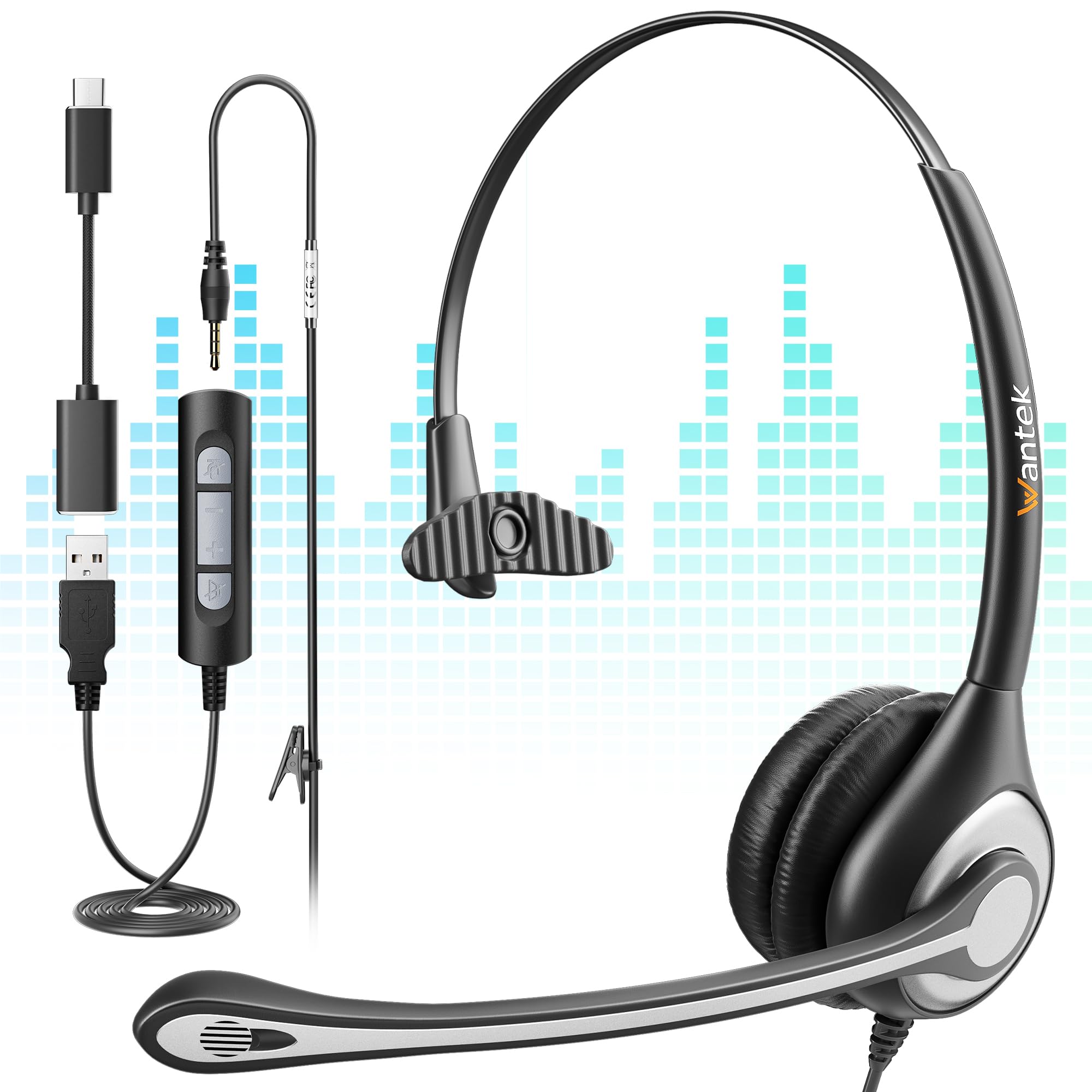 [1 PC] USB Headset with Microphone for PC & Laptop - Monaural/Binaural