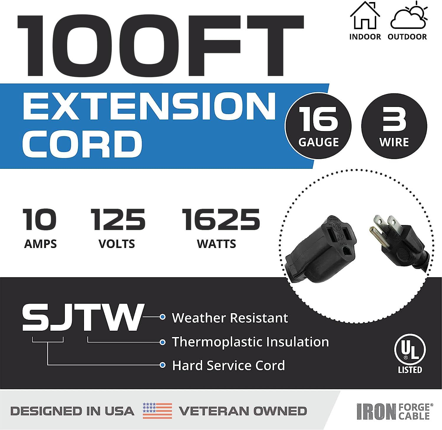 Weatherproof Outdoor Extension Cord, 16/3 SJTW Heavy Duty Black Extension Cord 3 Prong, 13 Amp Exterior Power Cable