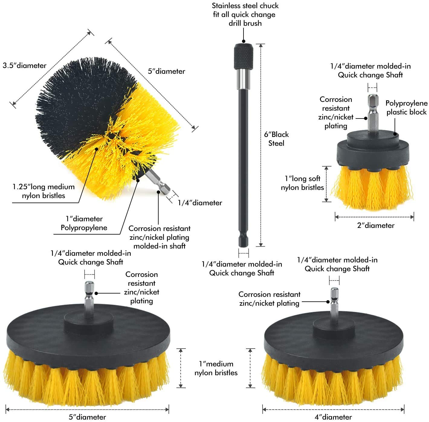 4-Piece Cleaning Brush Set - 2-In, 3.5-In, 4-In, 5-Ih Round Flat Brushes and 6-In Extended Reach Attachment for Drill