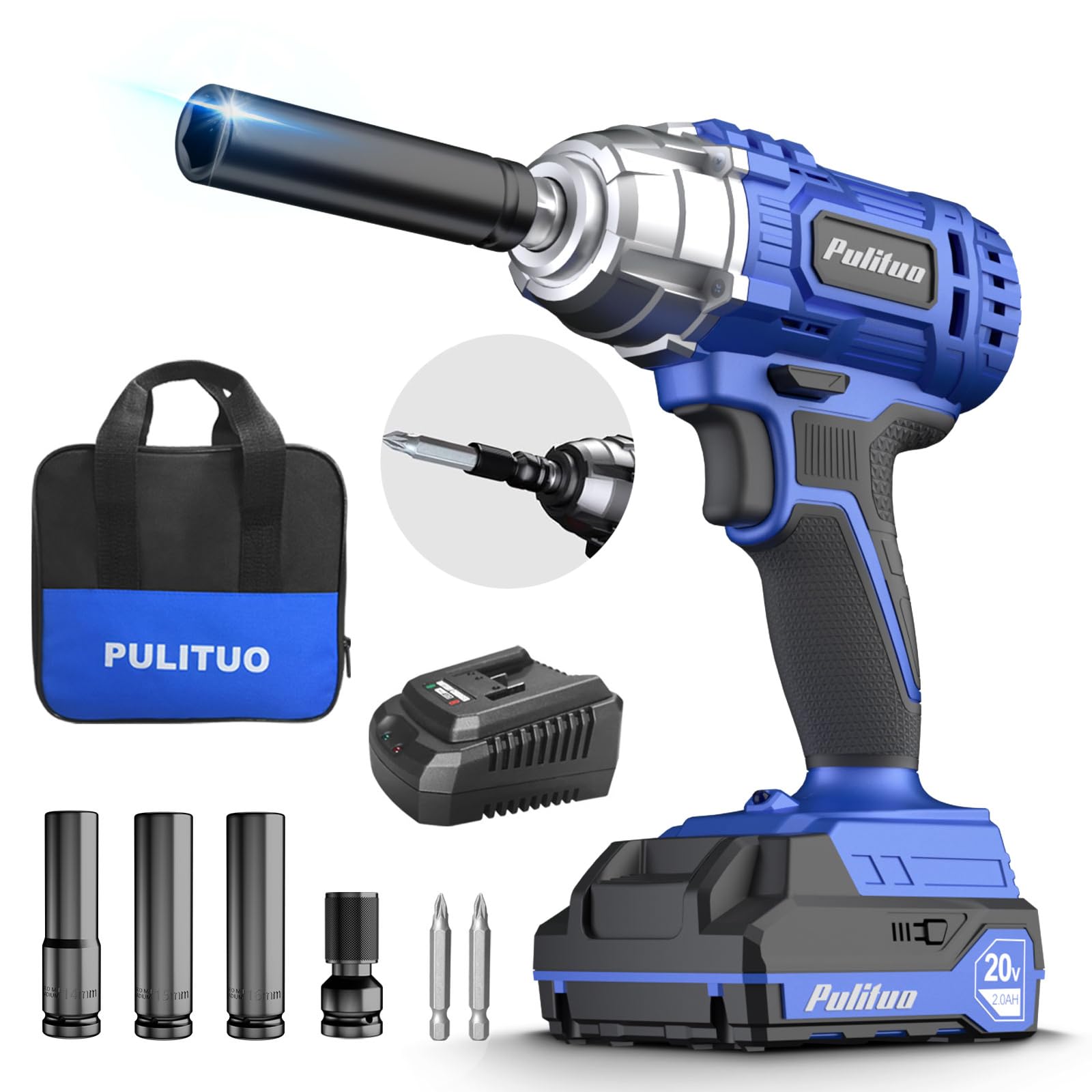 PULITUO Cordless Impact Wrench 1/2 Inch, 20V Electric Power Impact Gun Lightweight Design