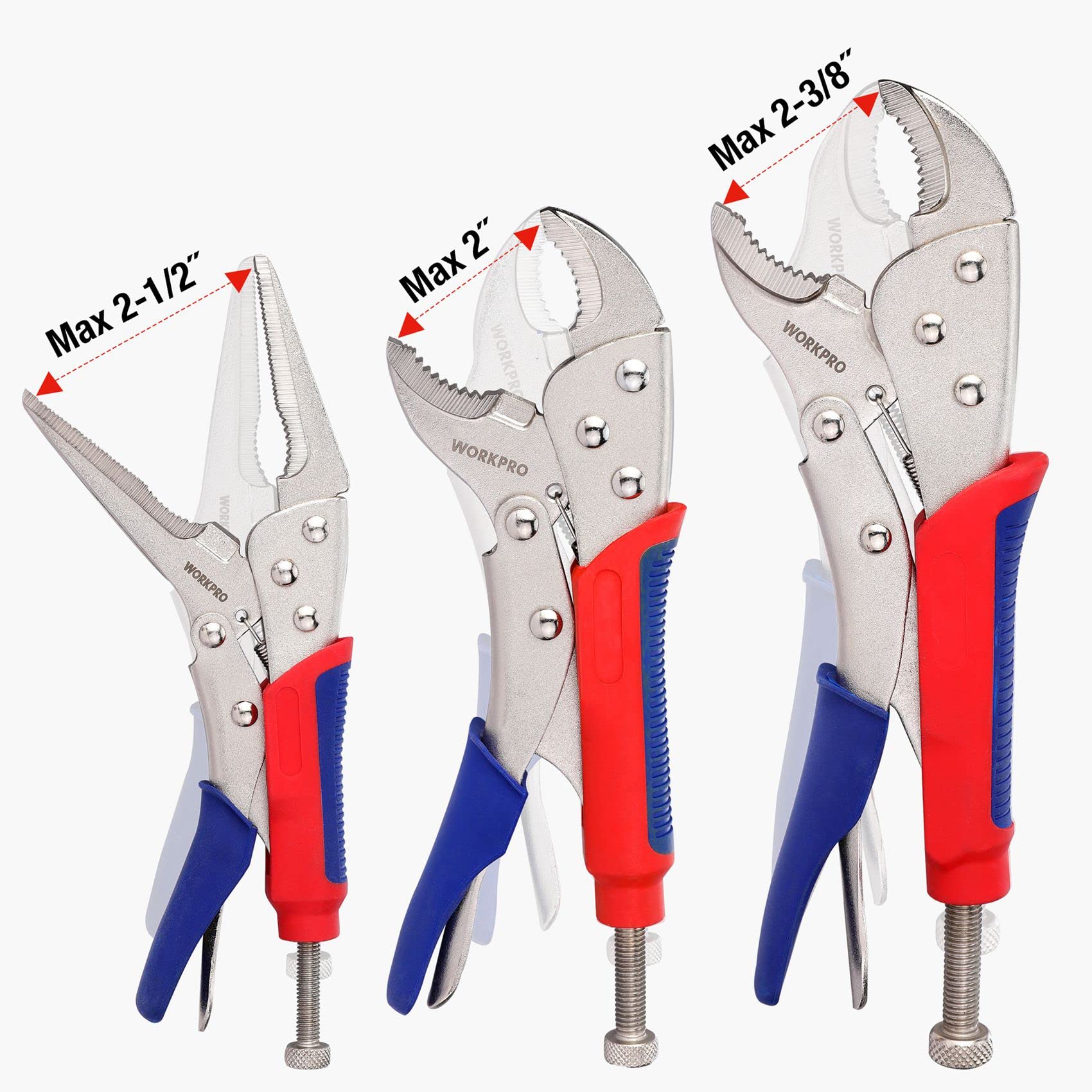 3-piece Locking Pliers Set, 10-inch Curved Jaw, 7-inch Curved Jaw and 6-1/2-inch Straight Jaw