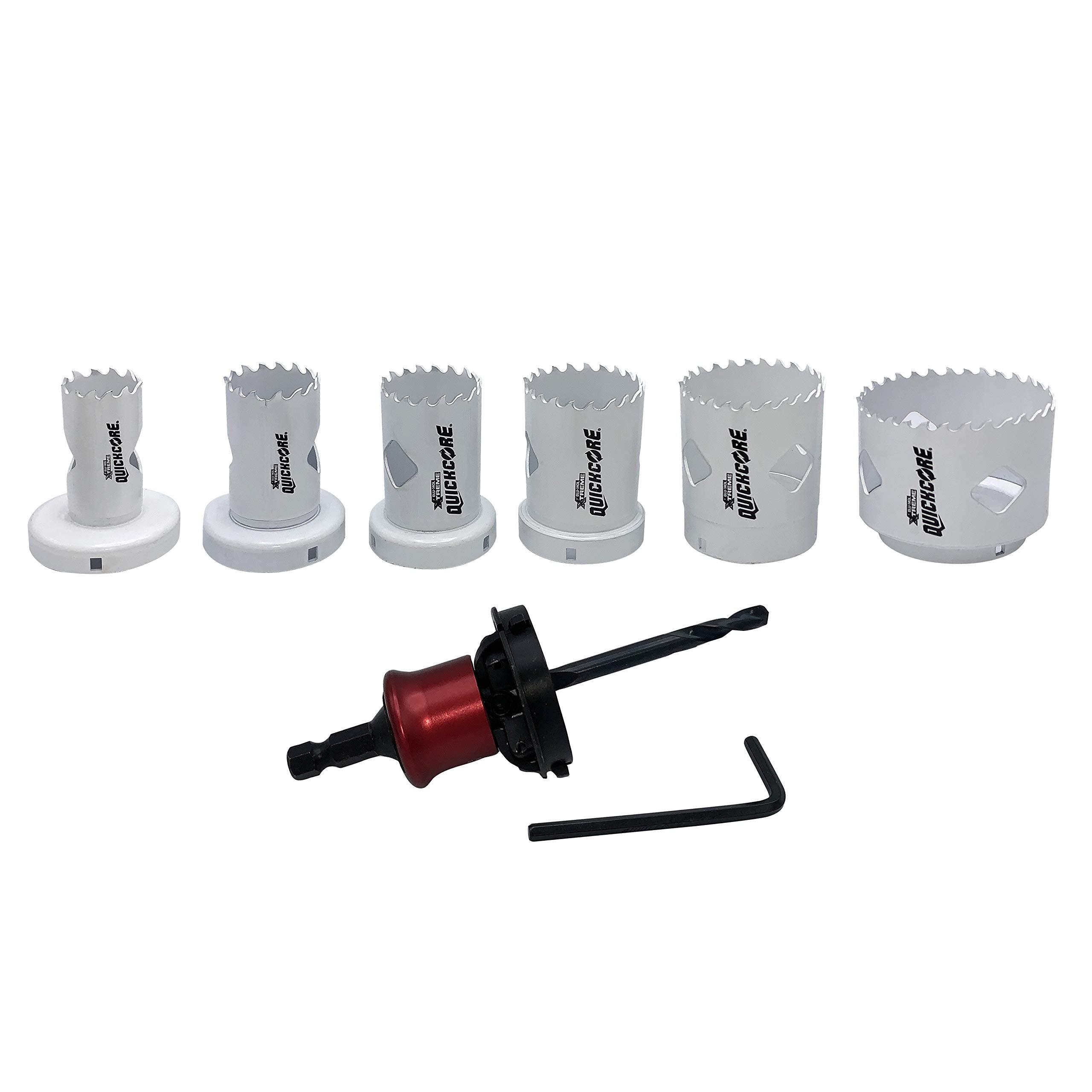 Disston QuickCore 7 or 13 or 28 pc Set - 1 Each: 1", 1-1/4", 1-1/2", 1-3/4", 2", and 2-1/2" Hole saws, Arbor with a Pilot Drill bit, Hex Key