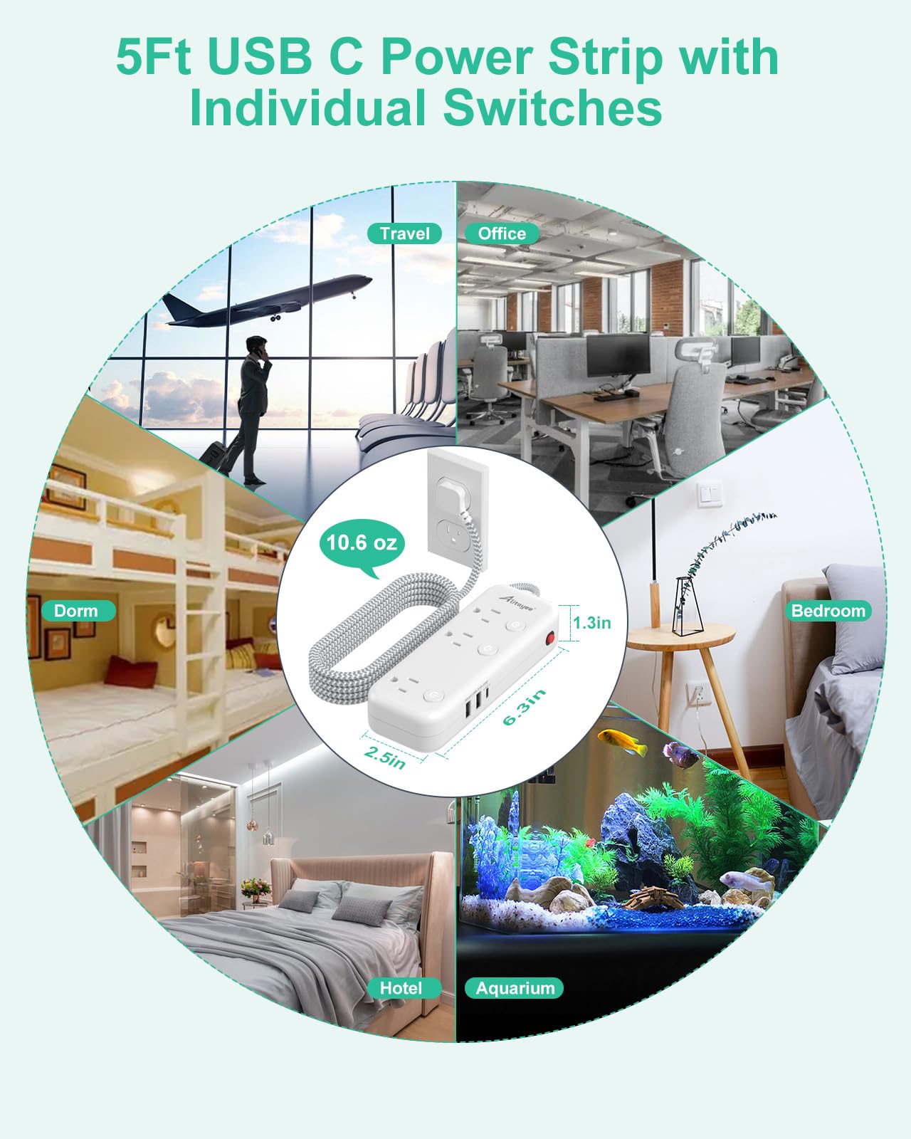 5, 15FT Surge Protector Power Strip with Individual Switches