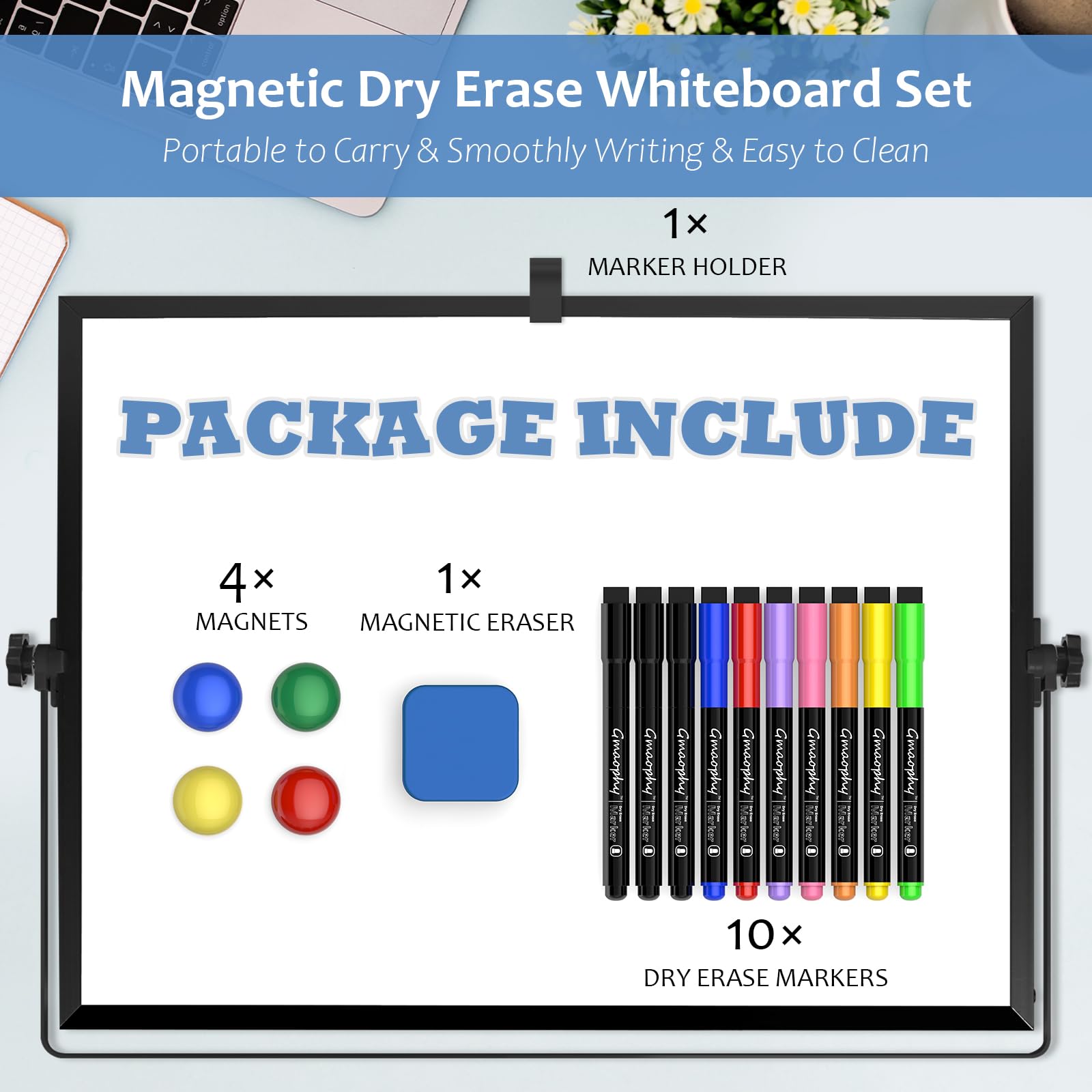 [1 Set] Dry Erase White Board with Stand, 10 Markers, 4 Magnets, 1 Eraser
