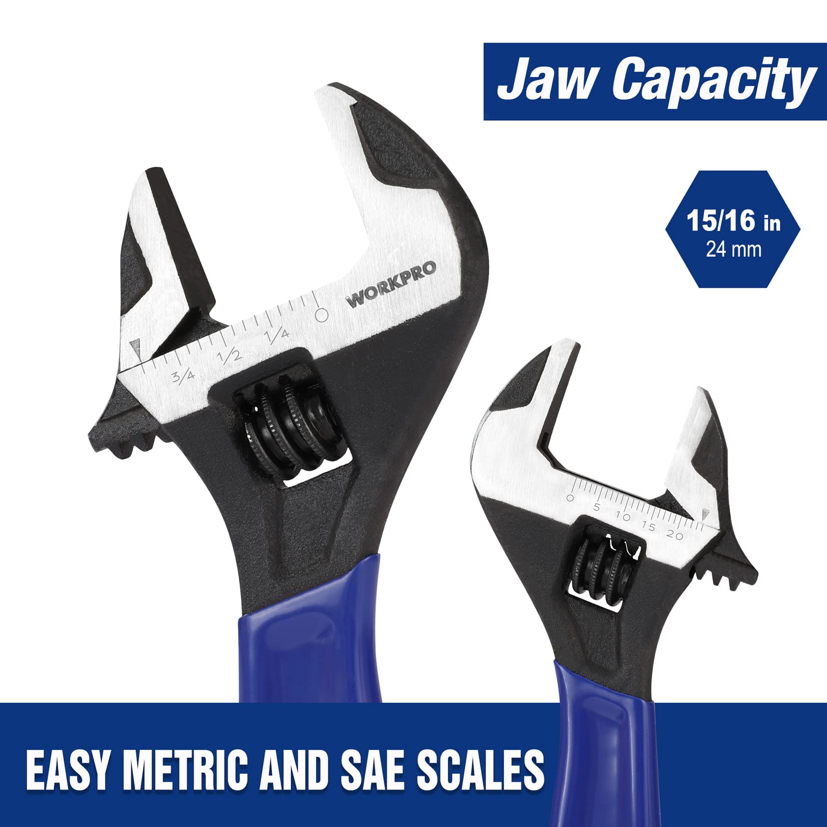 6/8/10 Inch Adjustable Wrench, Cr-V Steel Wrench, Wide Jaw Black Oxide Wrench, Metric & SAE Scales, for Home, Garage, Workshop and DIY