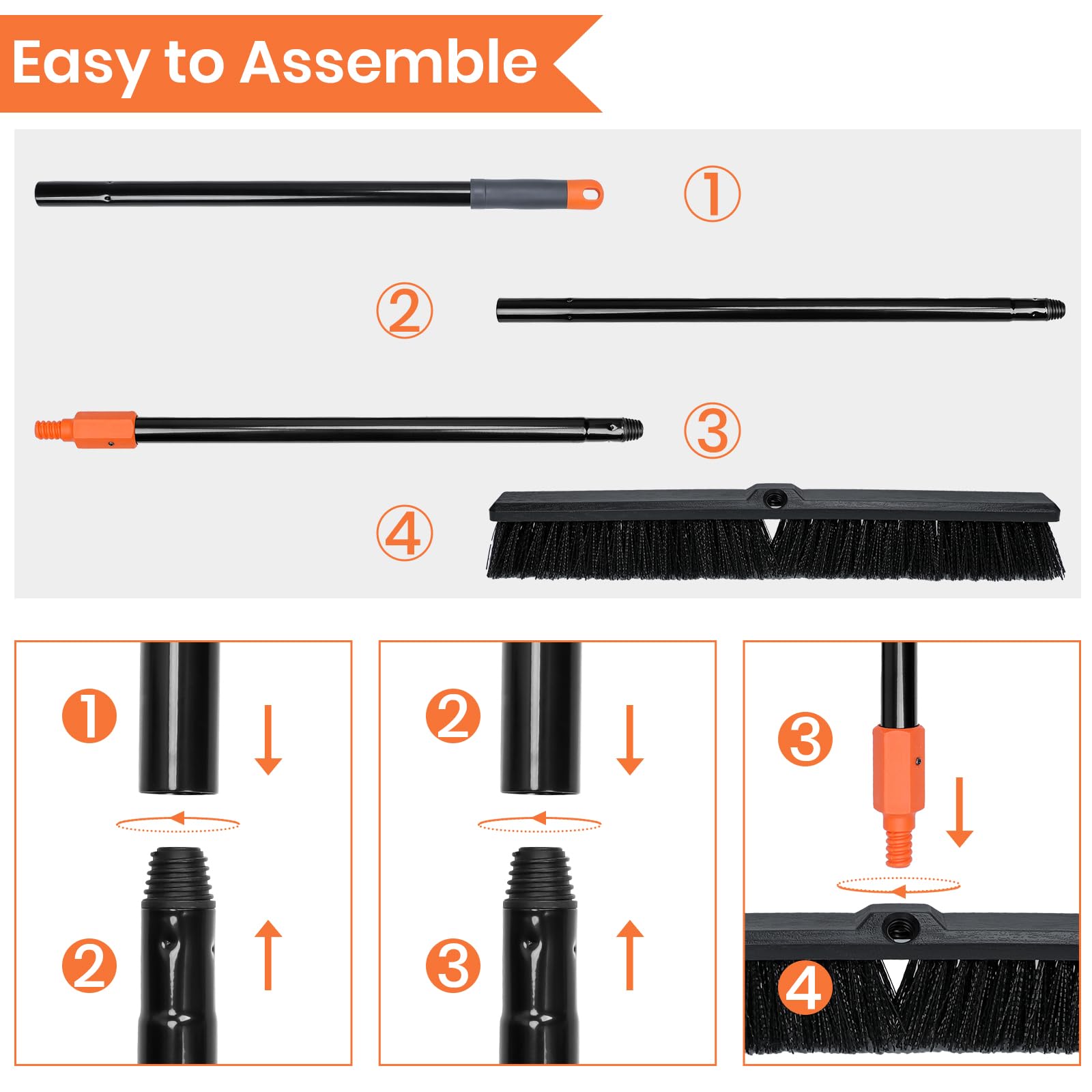 24 Inches Push Broom Outdoor Heavy Duty Floor Scrub Brush with Long Handle