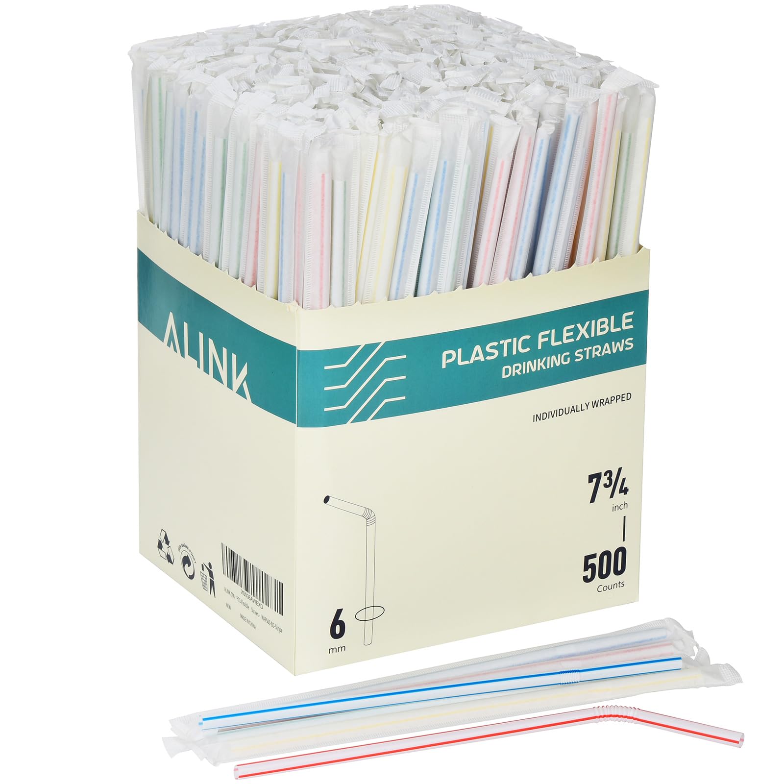 [500 CT] Striped Flexible Individually Wrapped Plastic Disposable Bendy Straws, 7.75" x 0.23"