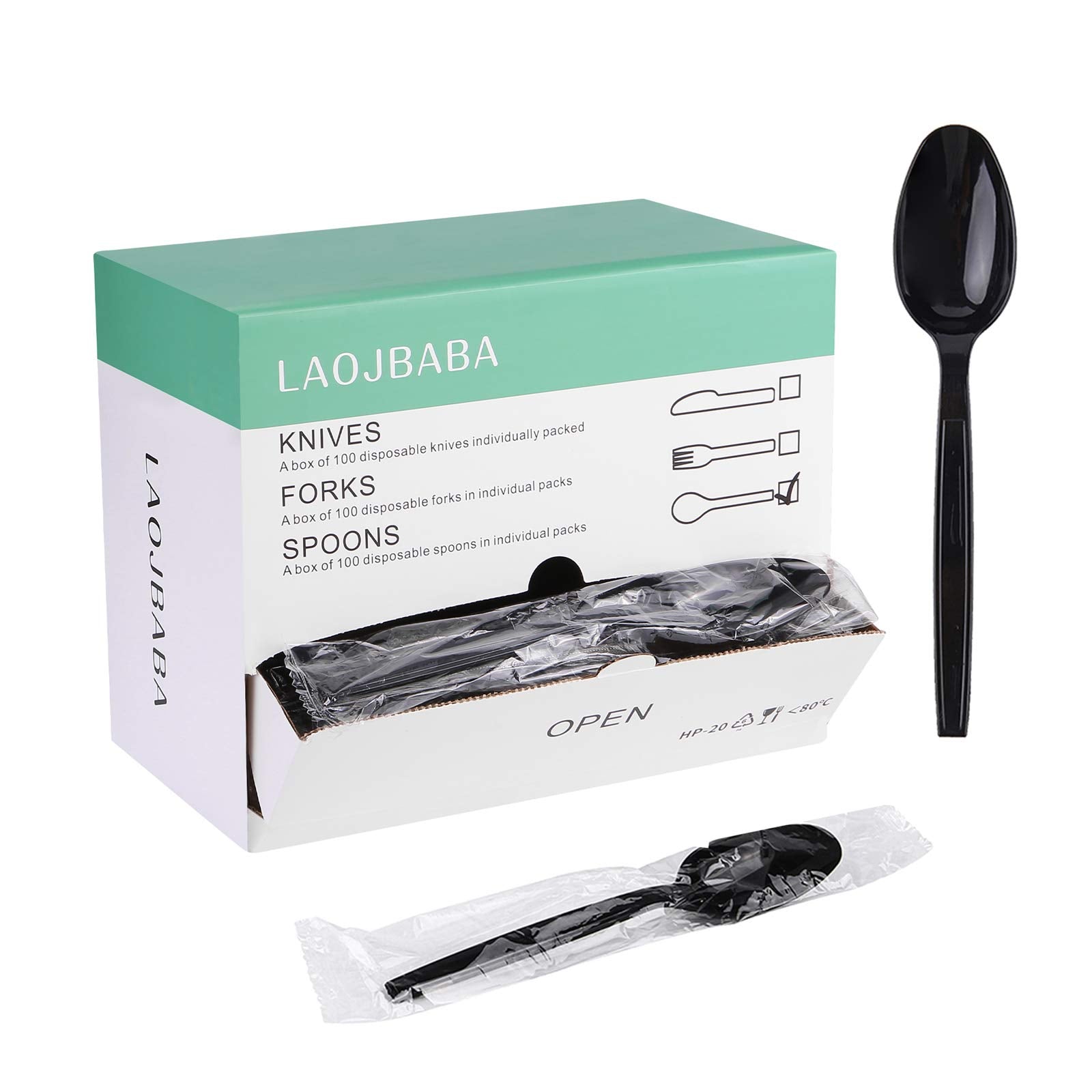 [100 PCS] Disposable Plastic Spoons, Individually Packaged, Black 7 Inch