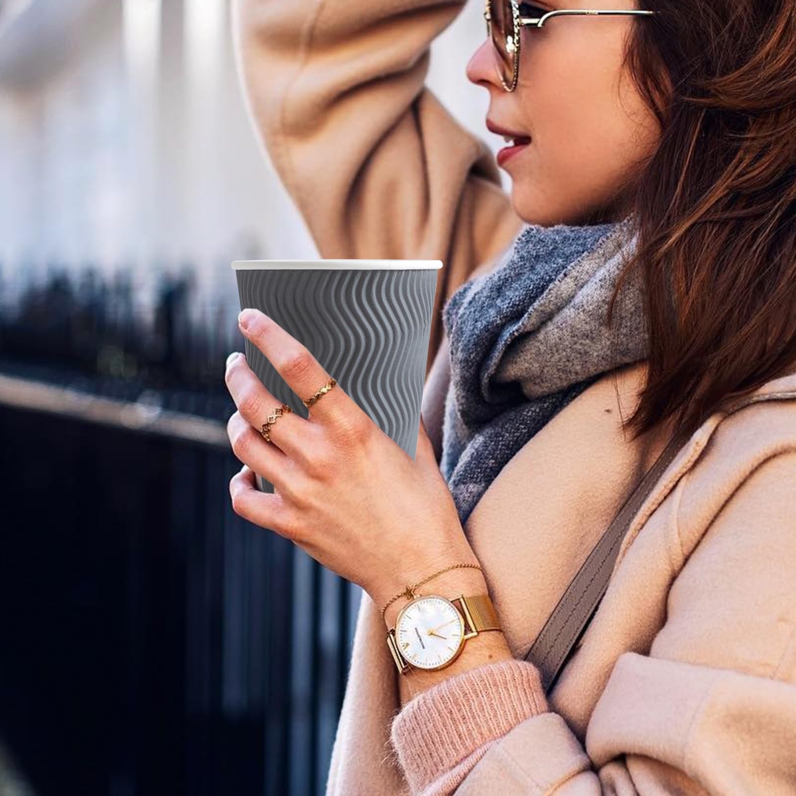 [120 PCS] Disposable Corrugated Insulated Ripple Wall Paper Cups, 12 & 16 oz