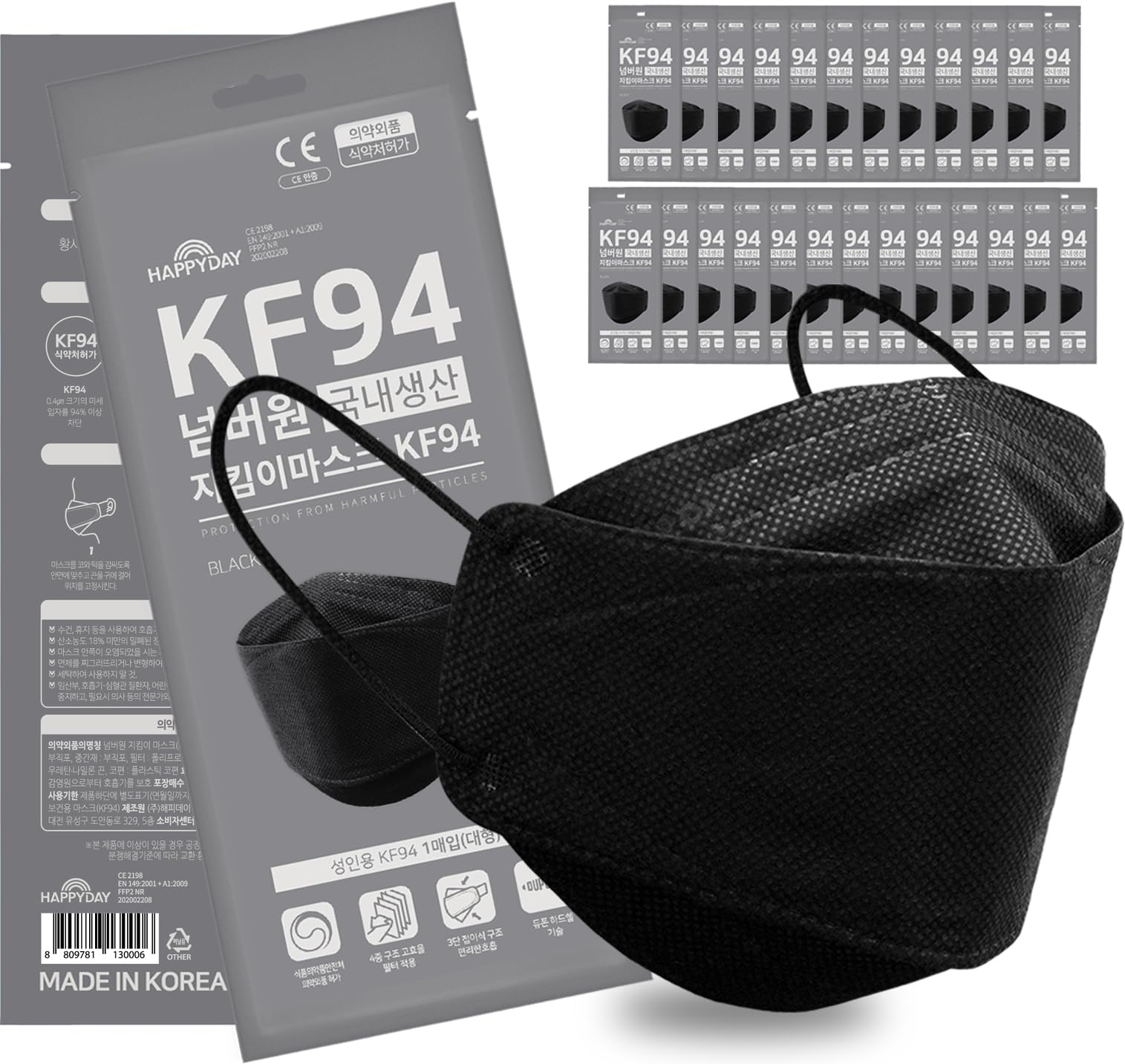 [25 Packs] Made in KOREA Premium KF94 Micro Dust Protection, Individually Packaged Black Face Mask, Large