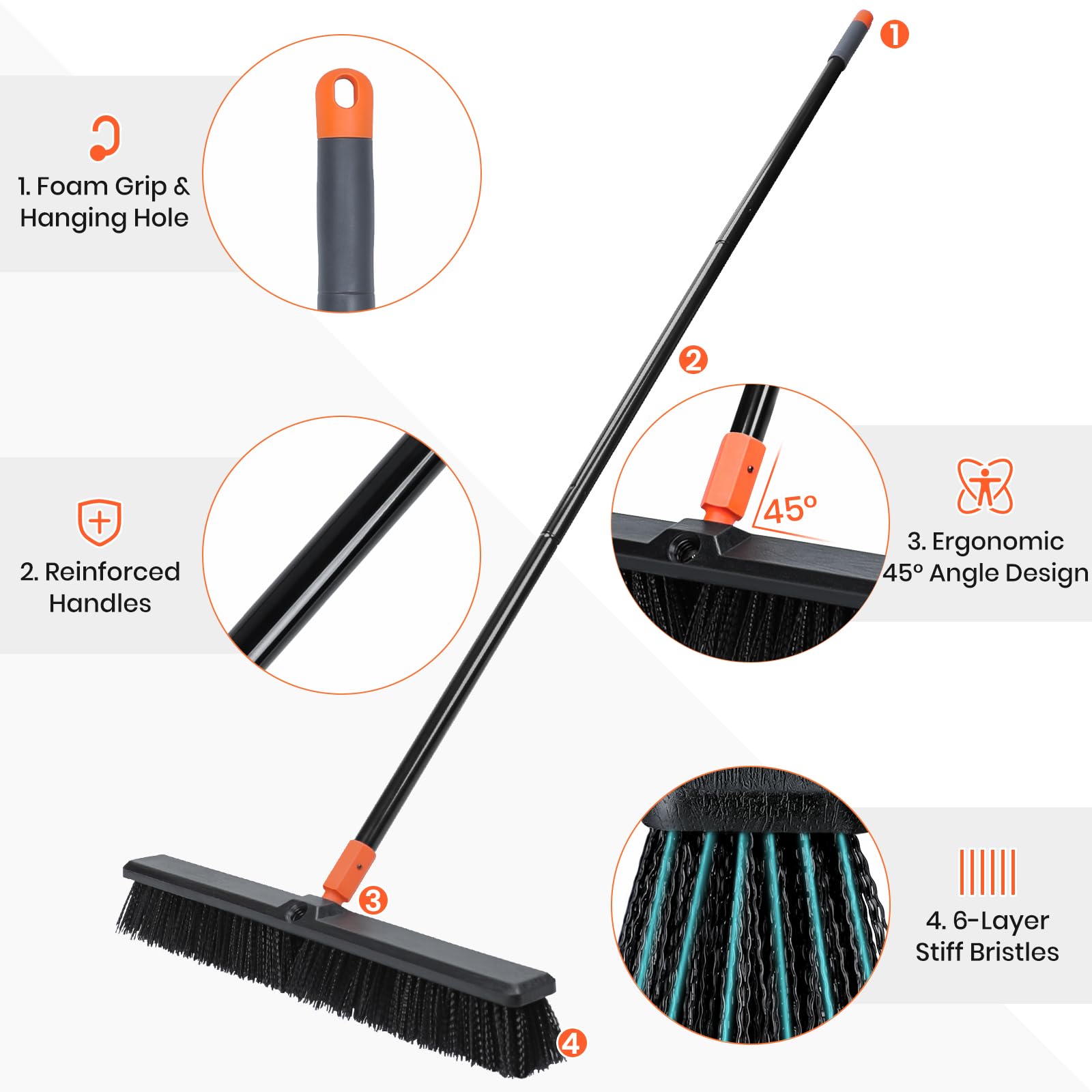 24 Inches Push Broom Outdoor Heavy Duty Floor Scrub Brush with Long Handle