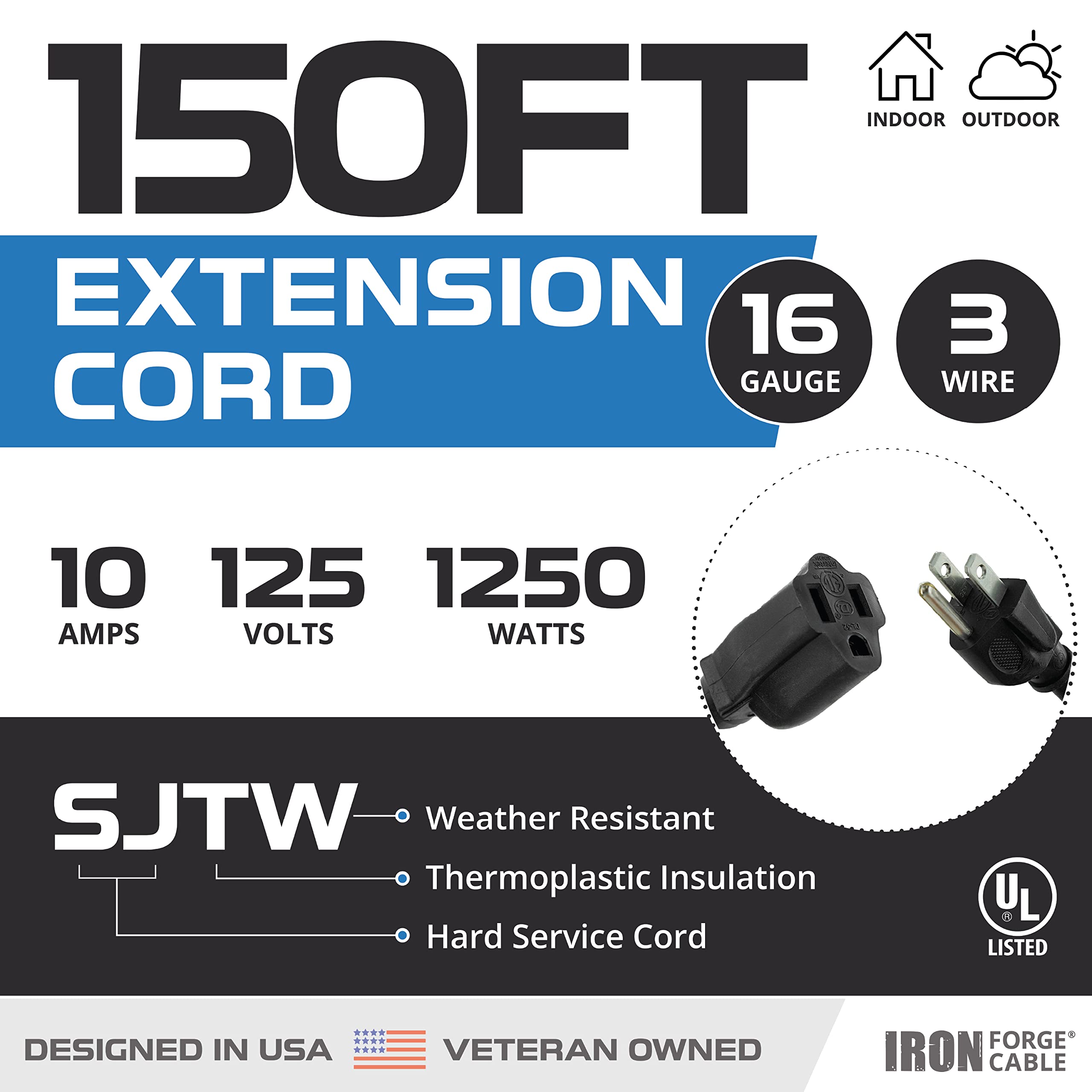 Weatherproof Outdoor Extension Cord, 16/3 SJTW Heavy Duty Black Extension Cord 3 Prong, 13 Amp Exterior Power Cable