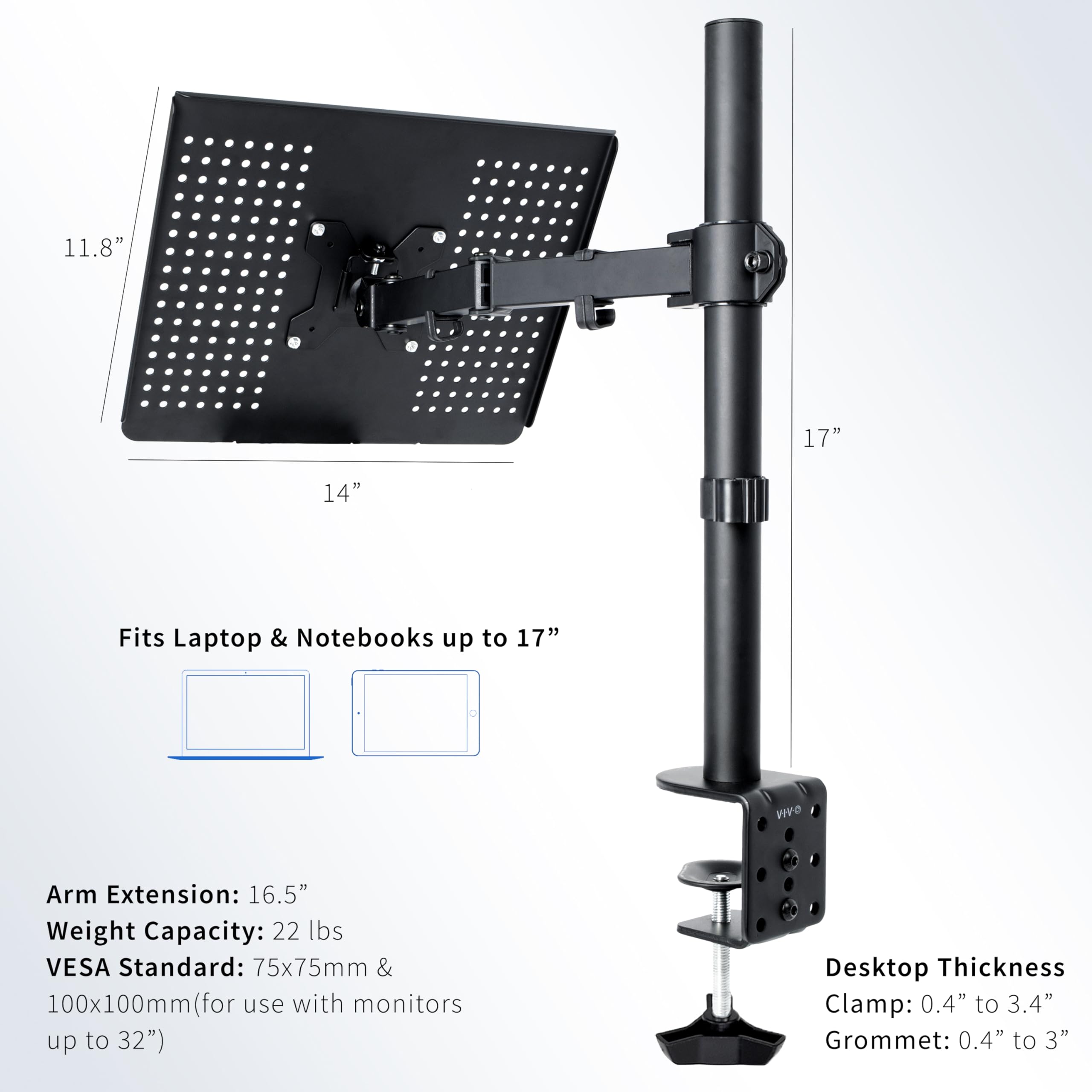 [1 PC] Single Laptop Notebook Desk Mount Stand, Fits up to 17 inch Laptops
