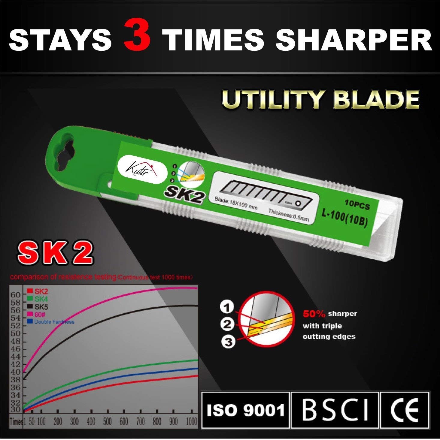 Box Cutter Utility Knife Replacement Blades (Pack of 10) - SK2 Metal 18mm Snap-Off Blade