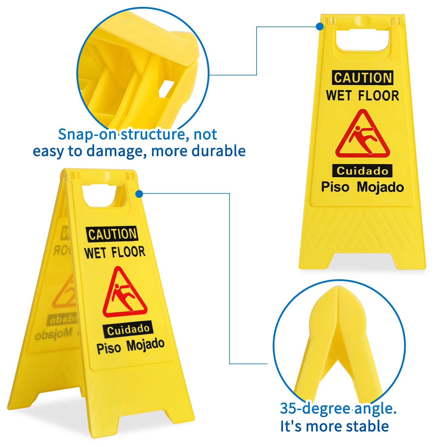 Foldable Sturdy Bilingual Safety Warning Wet Floor Sign - 2/4/6 Pack