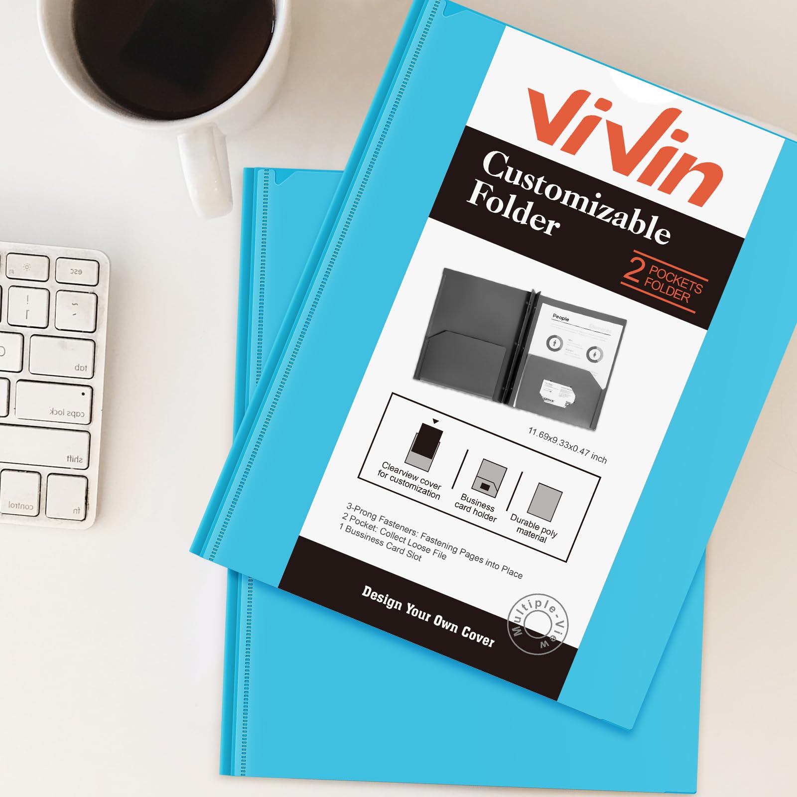 [6 & 60 Pack] ViVin Heavy Duty Folders with Clear Front Pocket, Plastic Folder with fastener