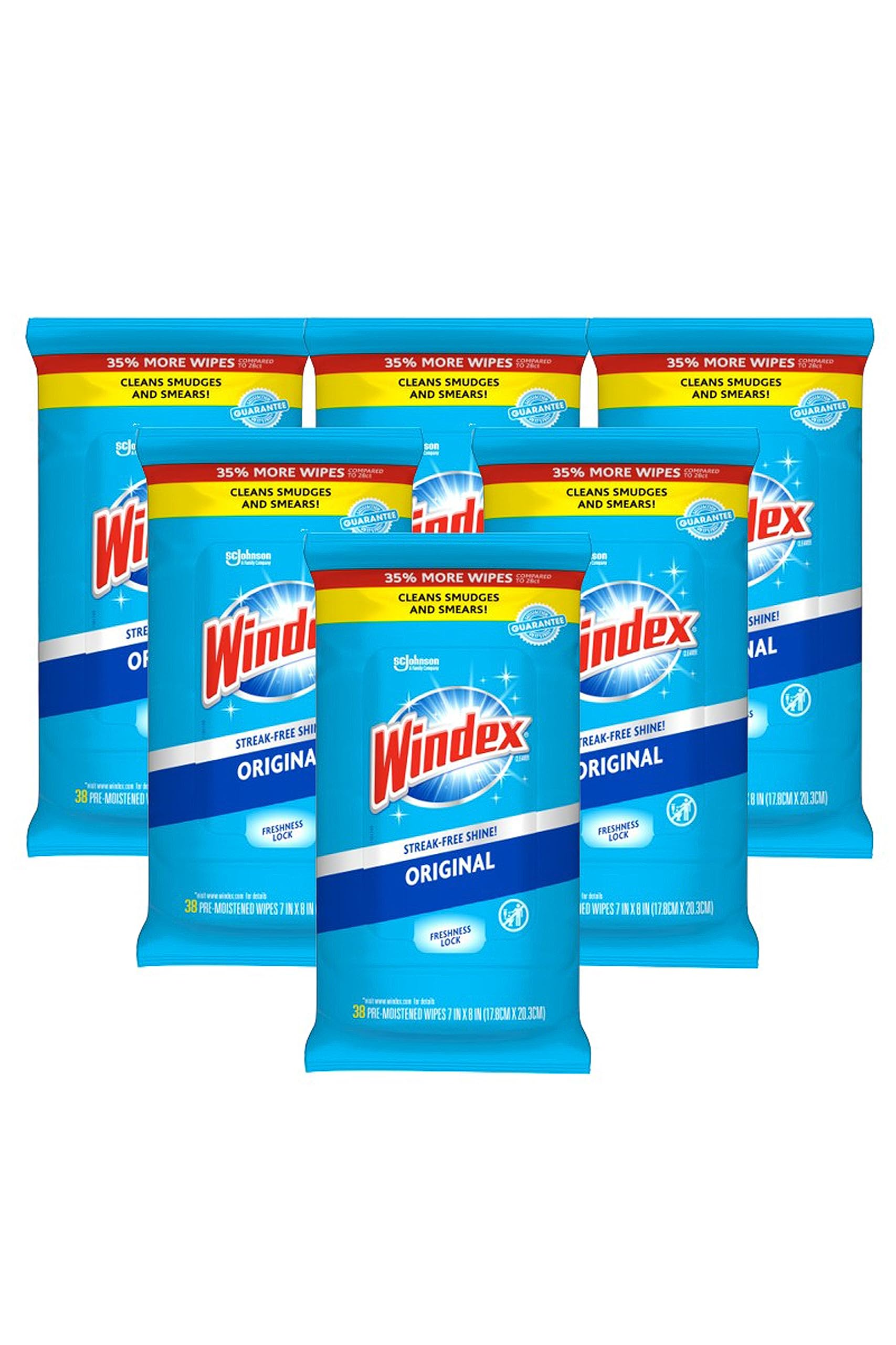 Windex Glass and Surface Pre-Moistened Wipes, Original, 38 Count(1 Pack / 6 Pack)