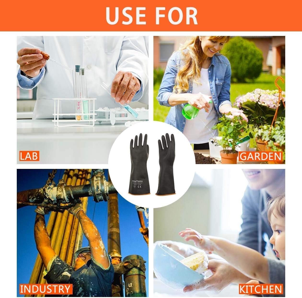 [1 Pair] Heavy Duty Latex Gloves, Resist Strong Acid, Alkali and Oil