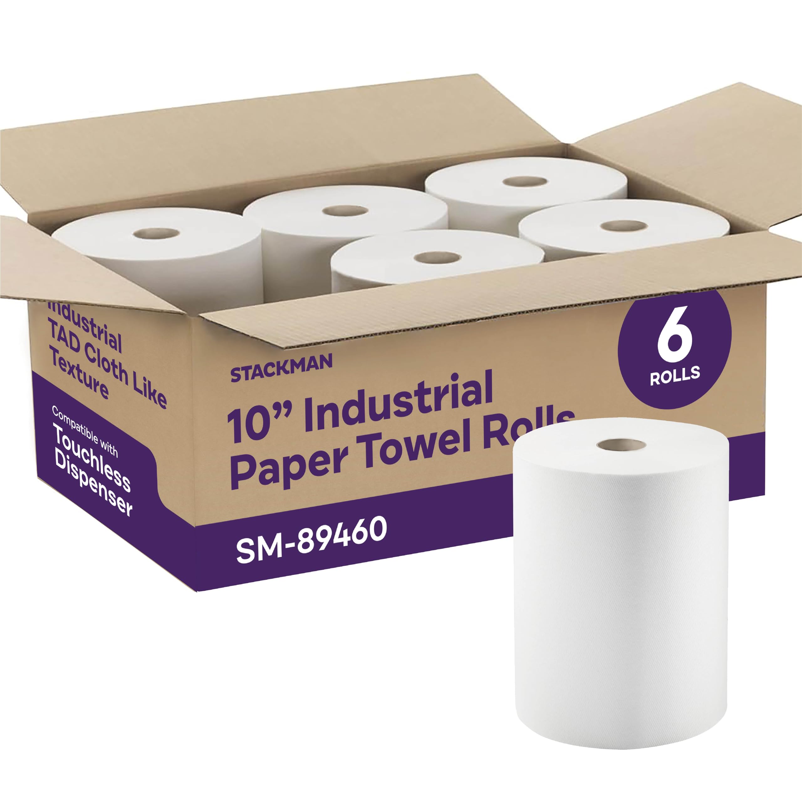 Industrial Paper Towels 10 x 800 White Roll Towels High Capacity Premium Quality (TAD Fabric Cloth Like Texture) Fits Touchless Automatic Commercial Towel Dispenser (Packed 6 Rolls)