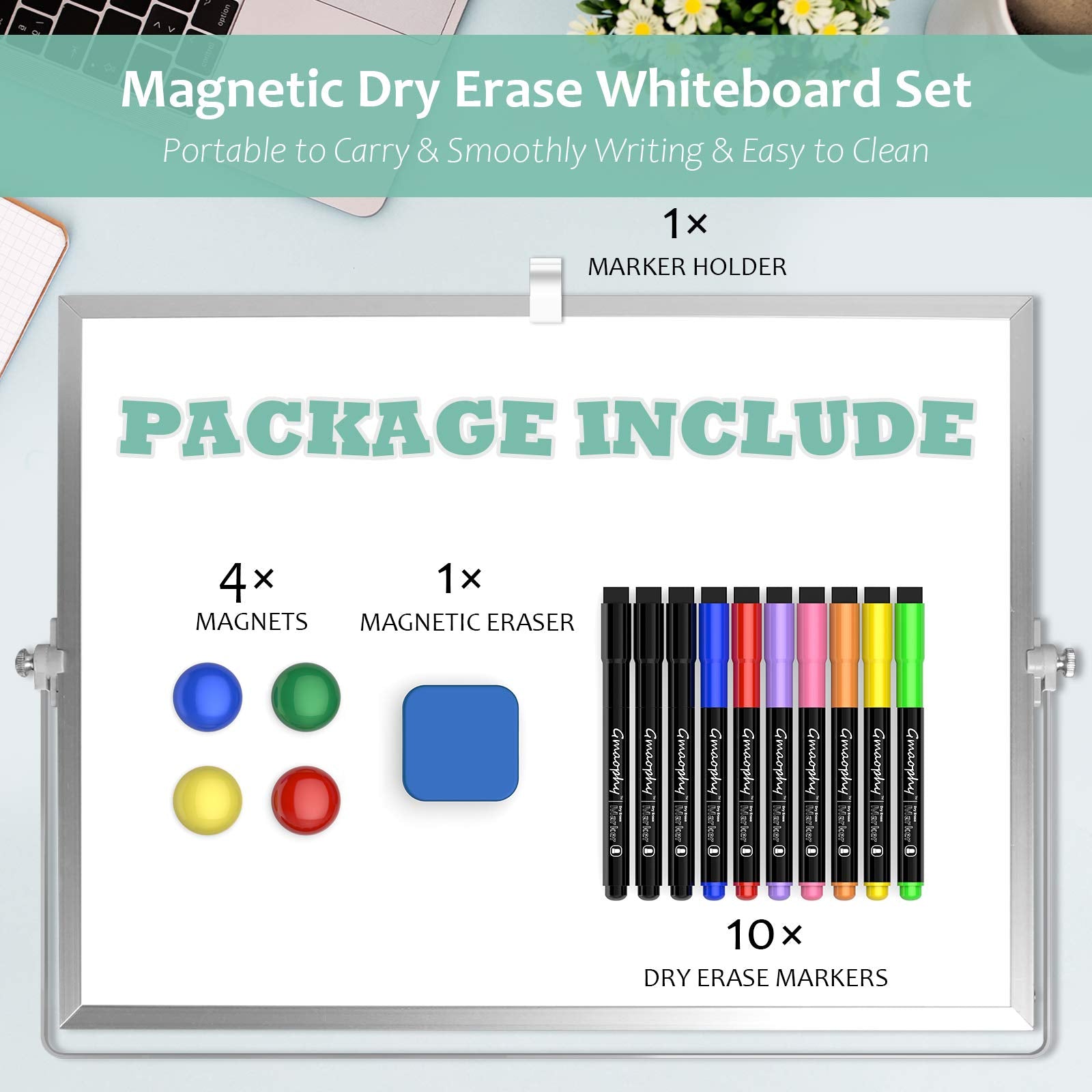 [1 Set] Dry Erase White Board with Stand, 10 Markers, 4 Magnets, 1 Eraser